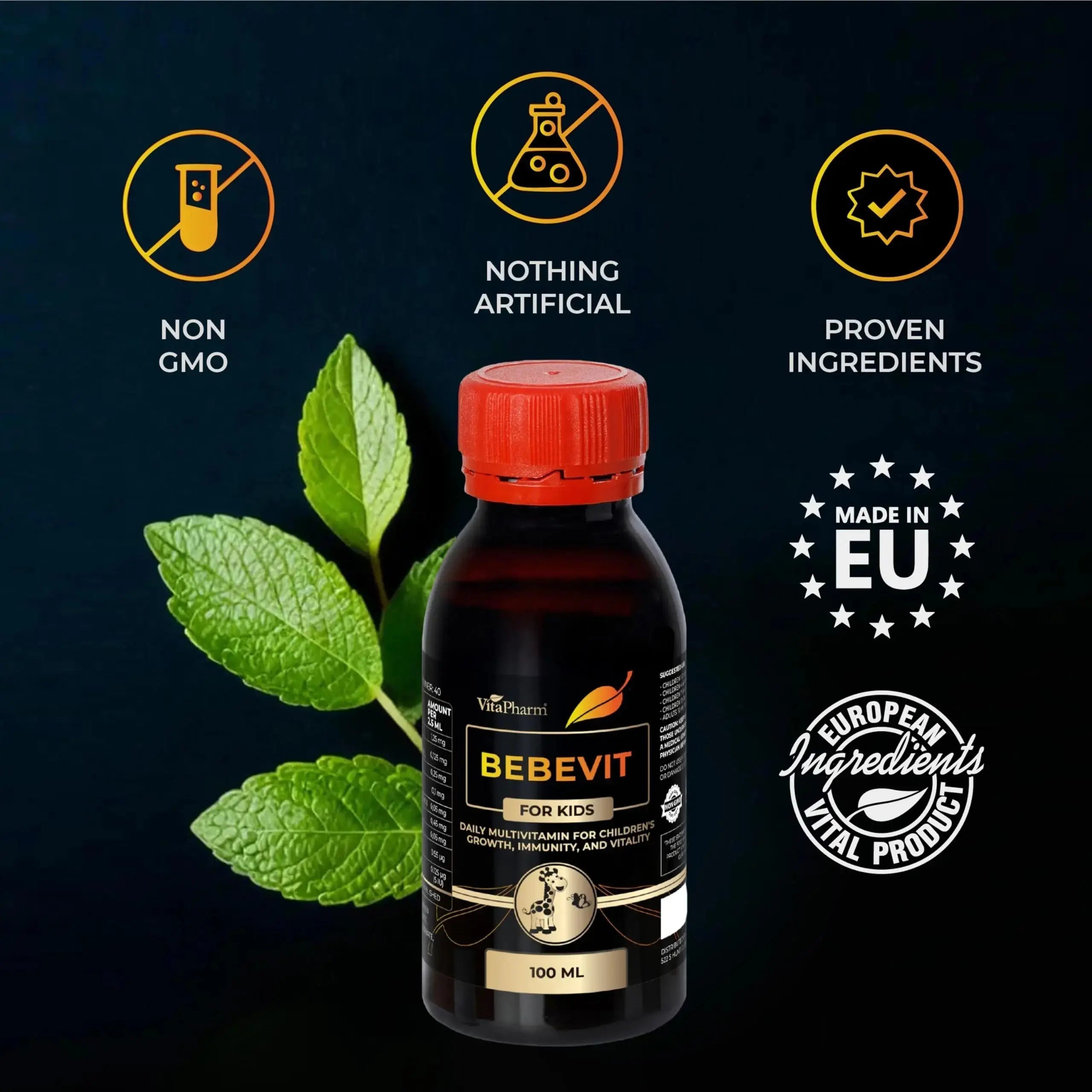 BEBEVIT Liquid Multivitamin for Kids – Sugar-Free & Non-GMO Formula with Vitamins A, C, D3, E, K2 & B-Complex – Daily Support for Growth, Immunity VitaPharm Au supplements