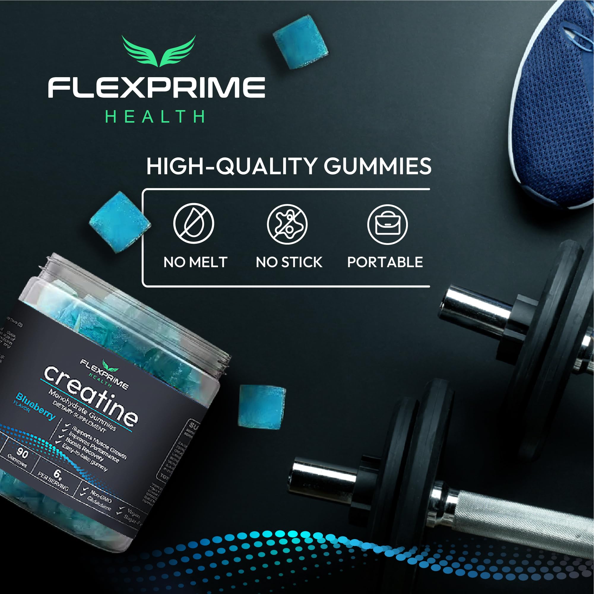 FlexPrime Creatine Gummies Sugar Free - 6g Creatine Monohydrate + L-Taurine, Alpha GPC, Betaine | Vegan Halal Blueberry Chews for Lean Muscle, Strength, Brain Health | Men Women 90 Count FlexPrime Au supplements
