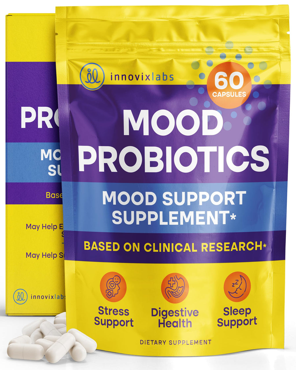 InnovixLabs Mood Probiotic for Women & Men, Clinically Studied Digestive & Mood Support Supplement, Lactobacillus helveticus Rosell-52ND & Bifidobacterium longum Rosell-175, 60 Capsules InnovixLabs Au supplements