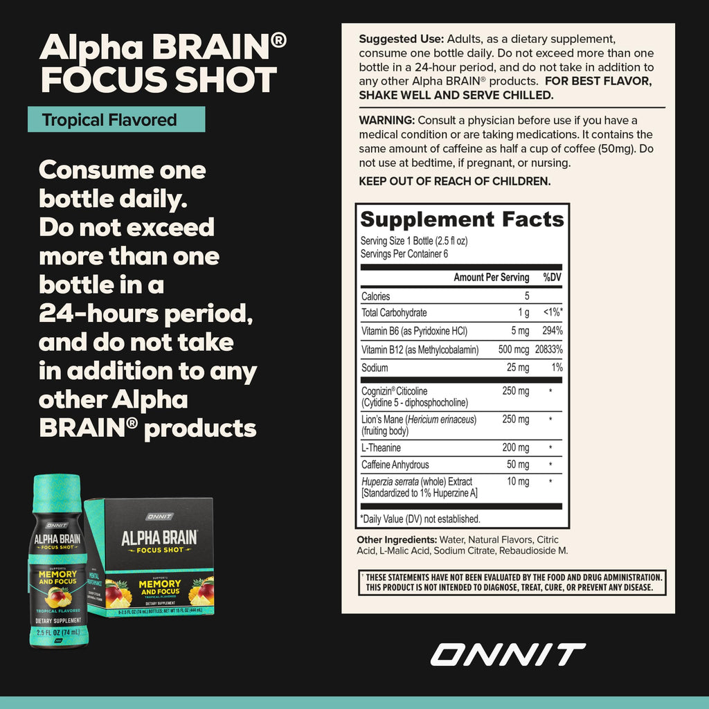 ONNIT Alpha Brain Focus Shot, Tropical Flavor, Nootropic Dietary Supplement Drink That Supports Energy, Focus, and Mood, IGEN™ Non-GMO Tested, 2.5 fl oz, 6 Count ONNIT Au supplements