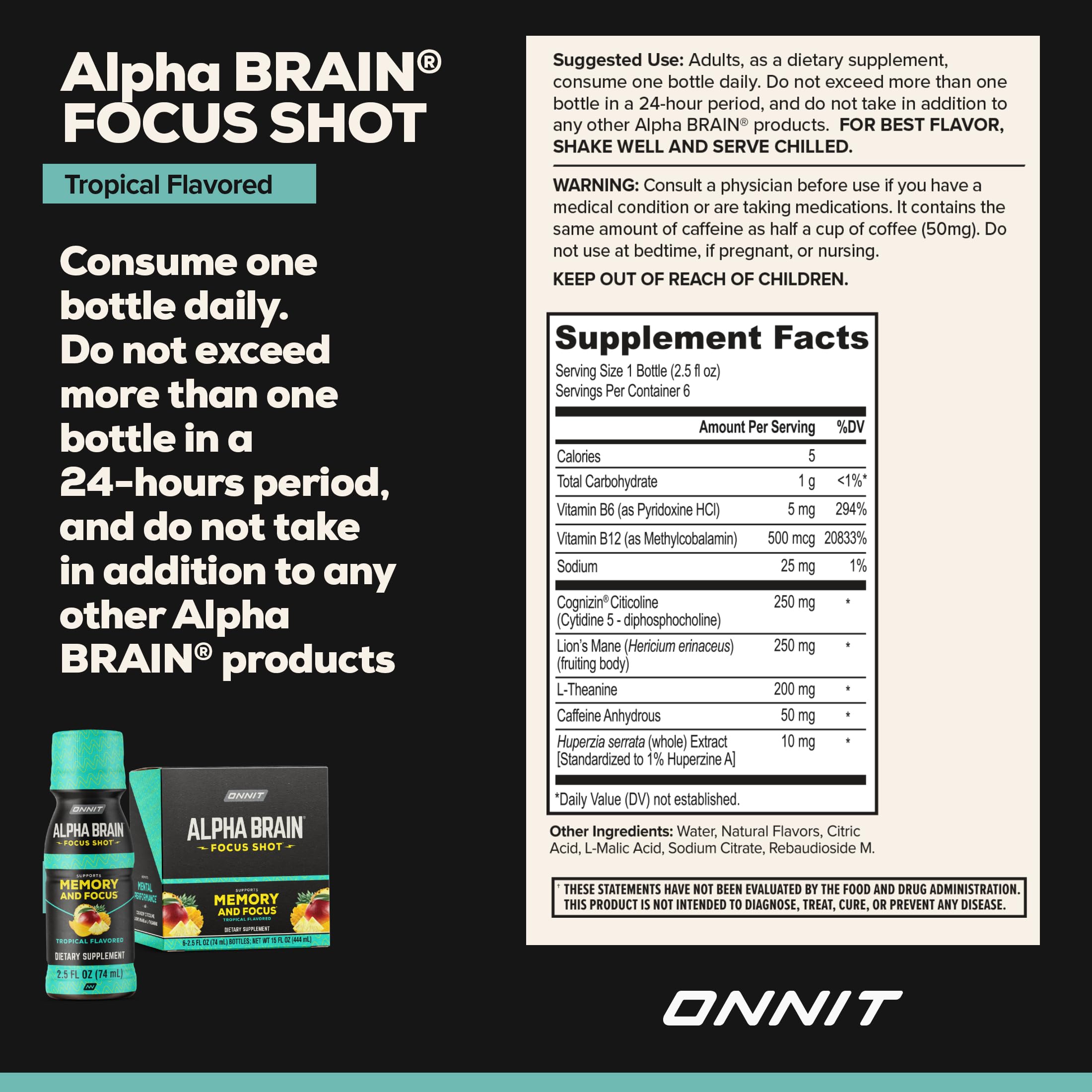 ONNIT Alpha Brain Focus Shot, Tropical Flavor, Nootropic Dietary Supplement Drink That Supports Energy, Focus, and Mood, IGEN™ Non-GMO Tested, 2.5 fl oz, 6 Count ONNIT Au supplements