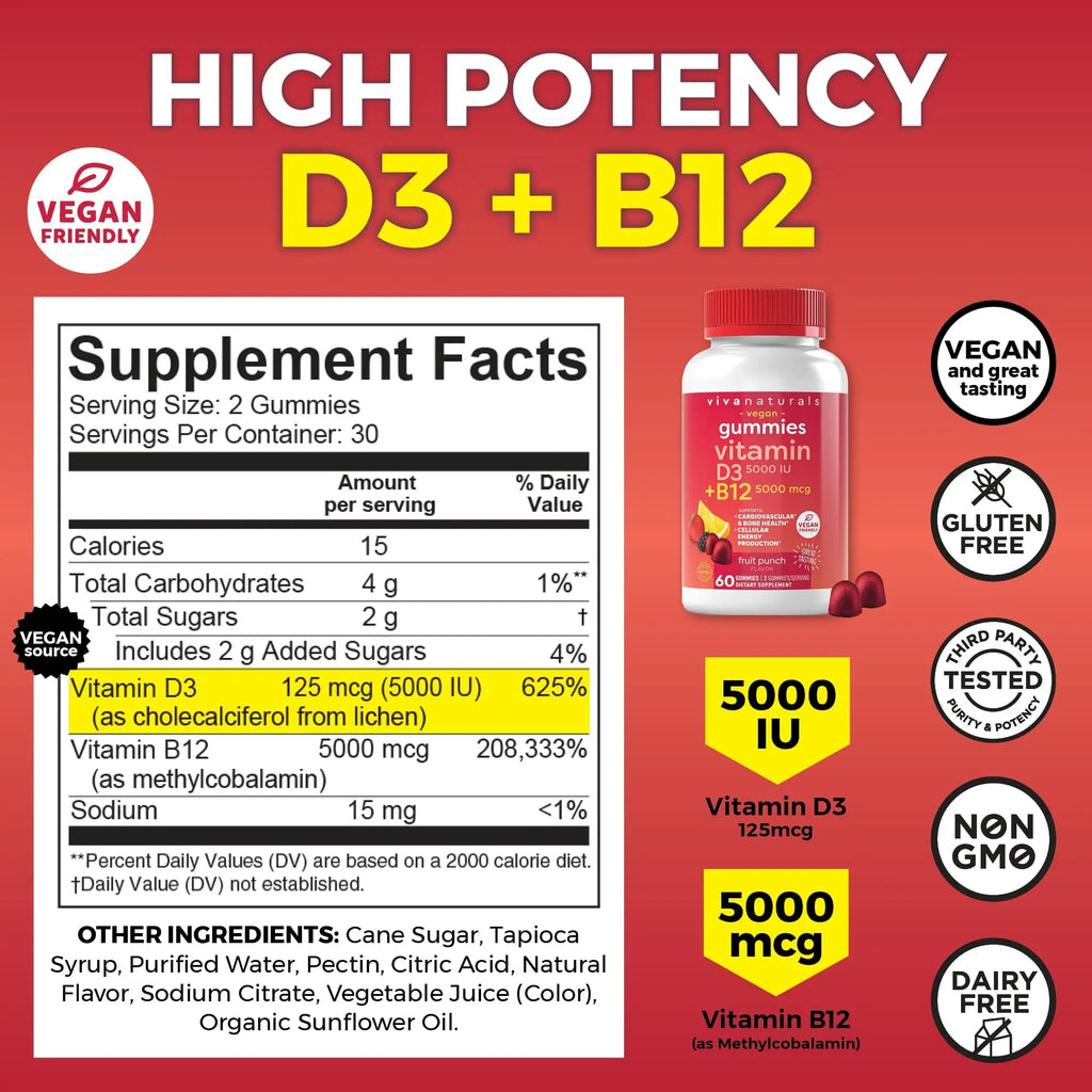 Viva Naturals Plant-Based B12 Gummies with Vitamin D3 - Chewable 5000mcg B12 Viva Naturals Au supplements