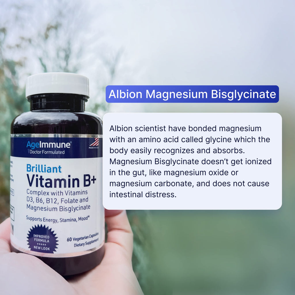 AgeImmune Vitamin B Complex with Vitamin D3 B12 B6 Magnesium Bisglycinate and Folate as Methylfolate - Doctor Formulated Methylated B Complex Supplement