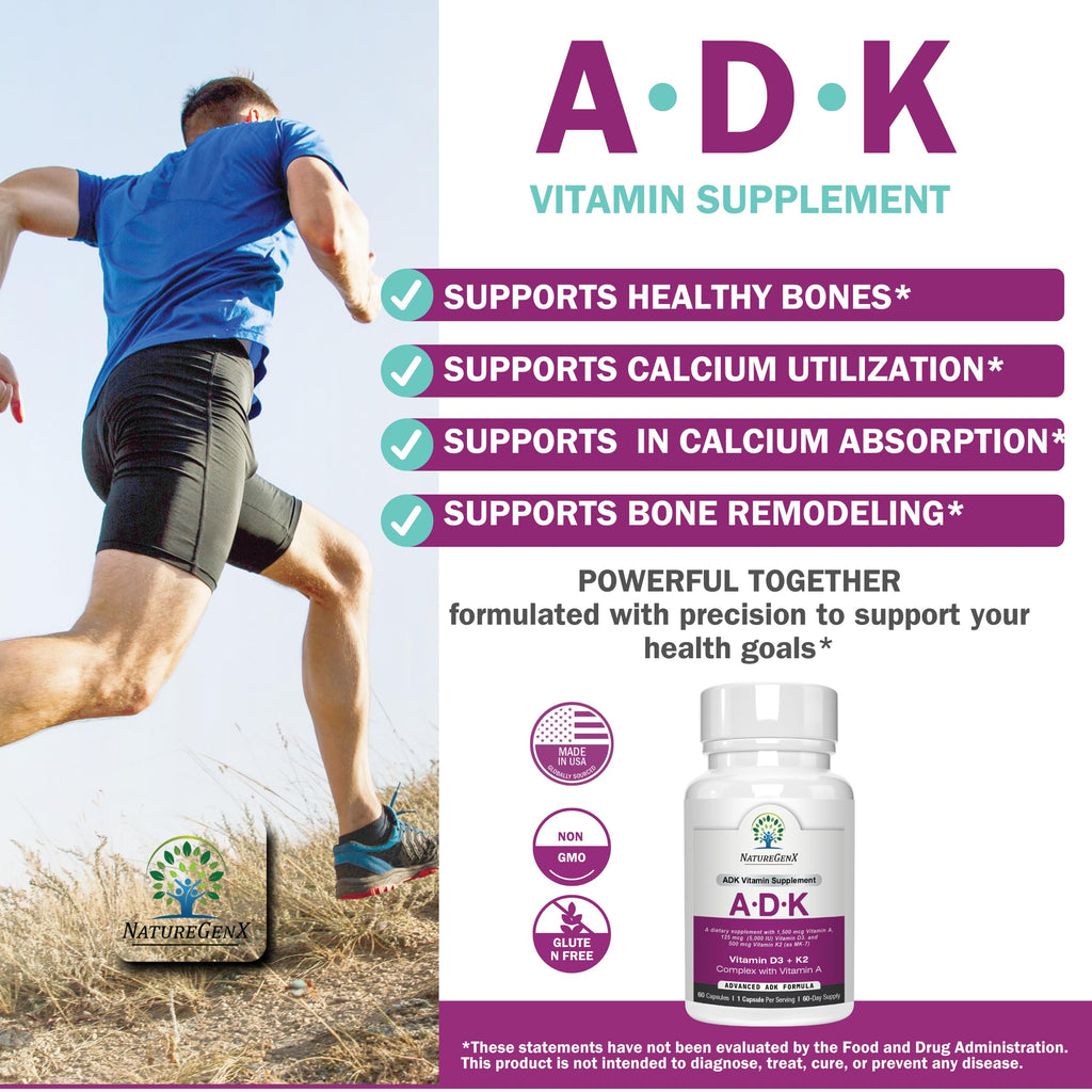 NatureGenX ADK Vitamin Supplement – Vitamins A, D3 & K2 MK-7 for Bone Health & Calcium Absorption – Gluten-Free, Non-GMO, Soy-Free