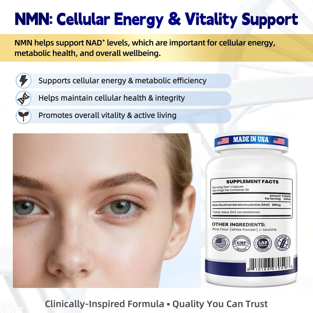 NMN 500MG Per Capsule – High Purity 99.9% NMN, NAD+ Support for Cellular Energy & Healthy Aging, 60 Capsules, Third-Party Tested, cGMP Made in USA I LOVE HEALTH Au supplements