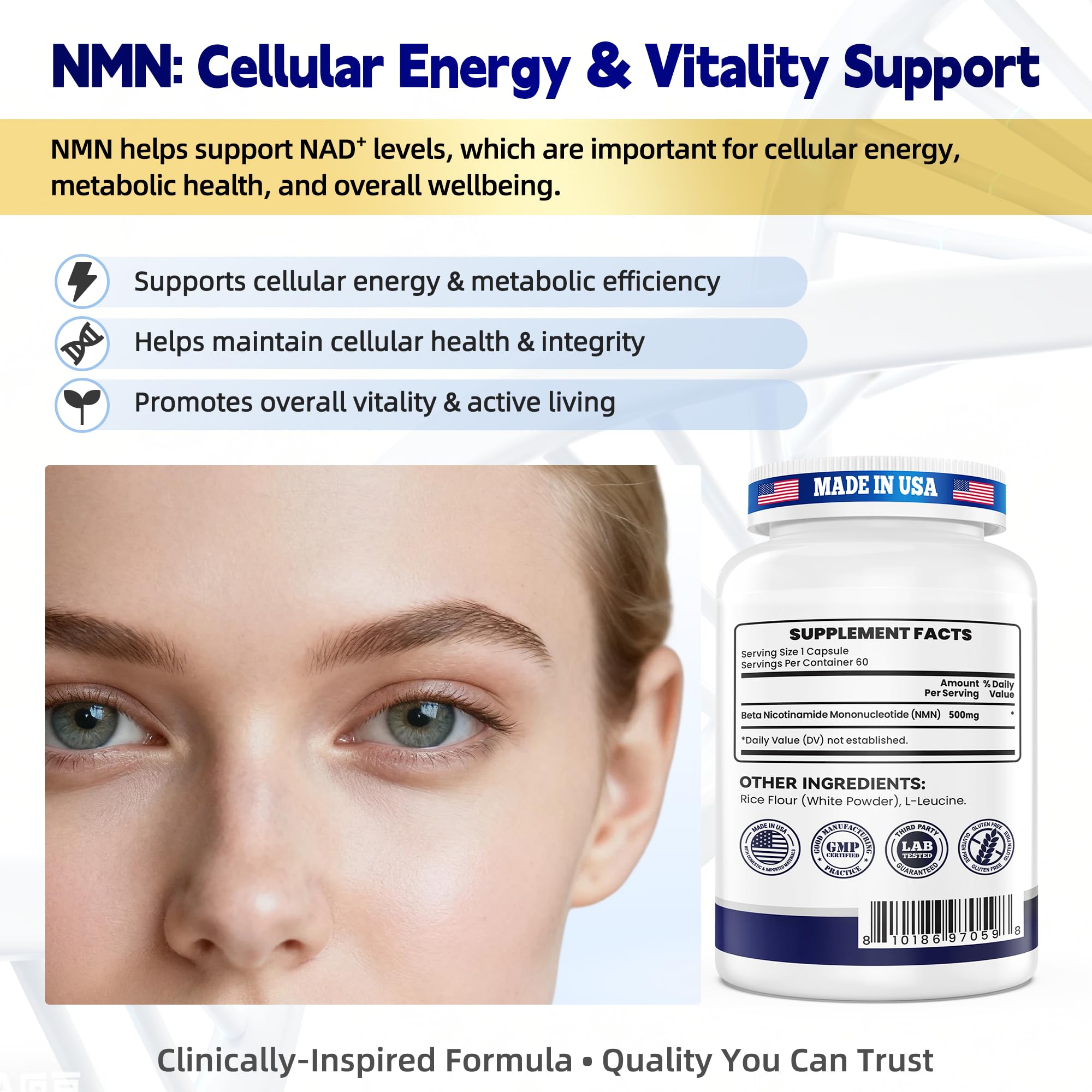 NMN 500MG Per Capsule – High Purity 99.9% NMN, NAD+ Support for Cellular Energy & Healthy Aging, 60 Capsules, Third-Party Tested, cGMP Made in USA I LOVE HEALTH Au supplements