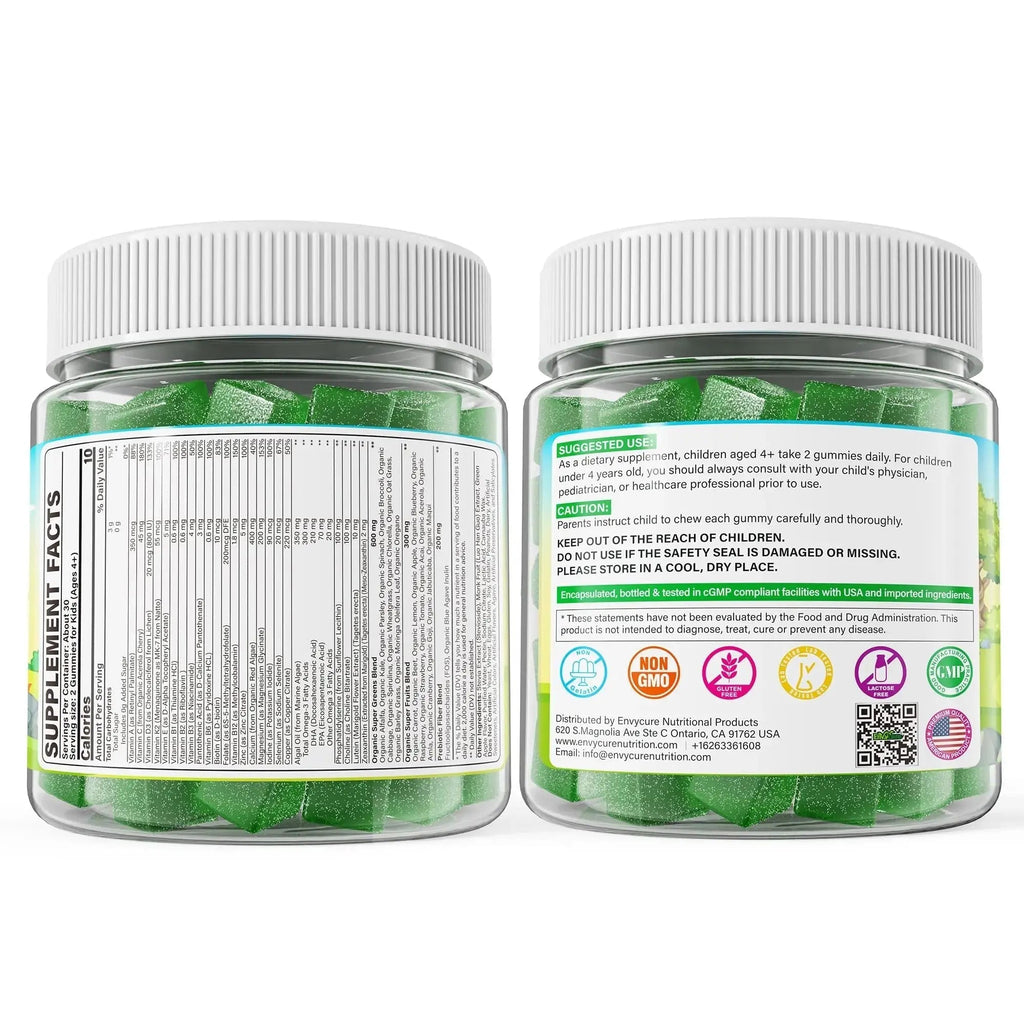 Kids Super Greens Gummies, w/Multivitamins, Spirulina, Chlorella, Spinach, Broccoli, Calcium, Omega-3 (DHA/EPA) EnvyCure Au supplements
