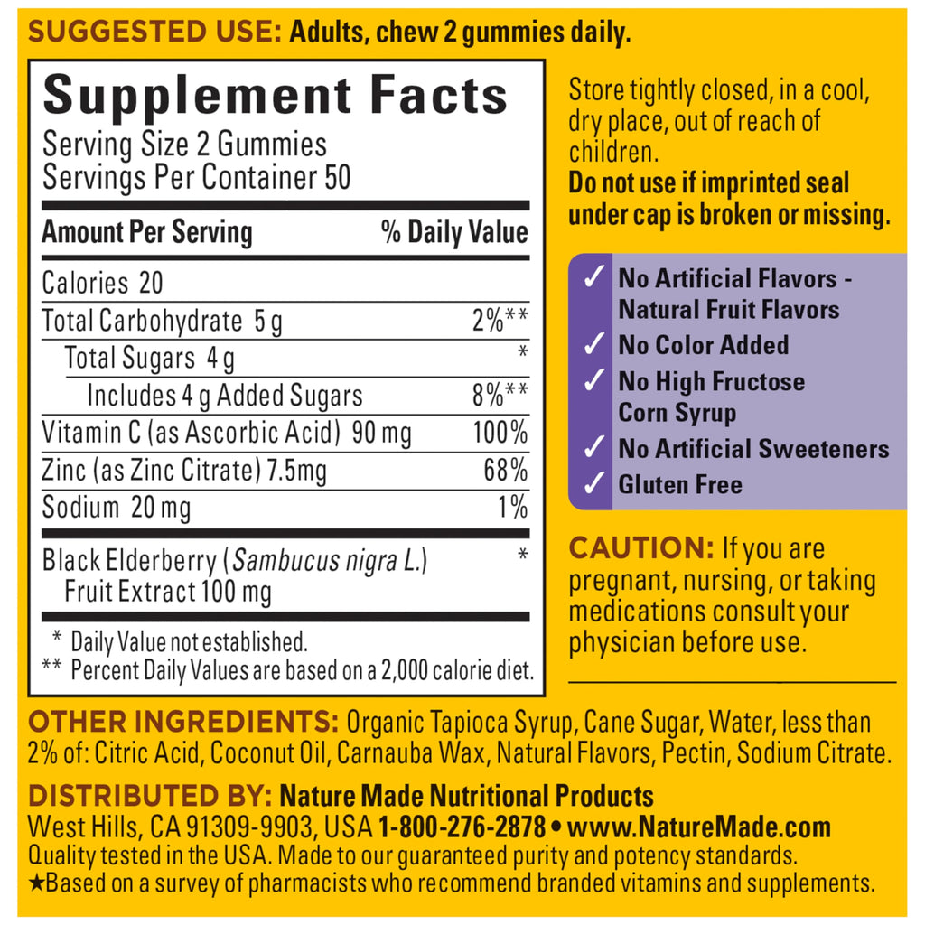Nature Made Elderberry Gummies with Vitamin C and Zinc, Dietary Supplement for Immune Support