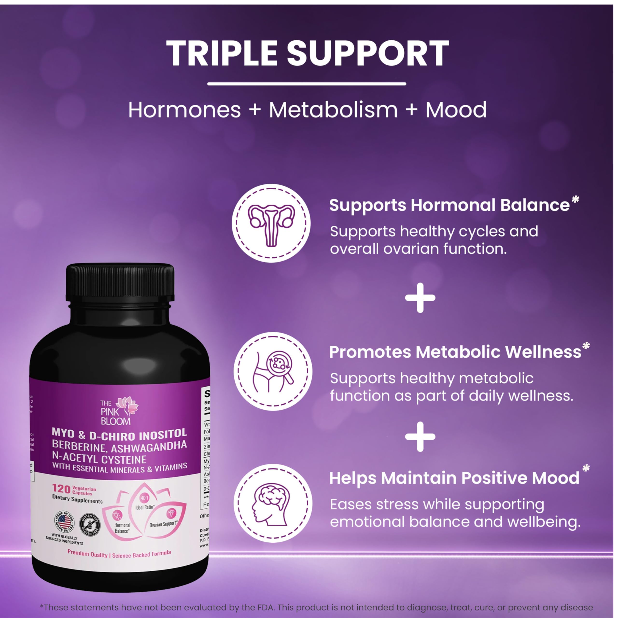 The Pink Bloom Myo & D-Chiro Inositol 40:1 Ratio – 120 Capsules | Myo Inositol Supplement for Women with Vitamin D, Ashwagandha, Folate & Zinc | Supplement for Hormone Balance & Ovarian Health The Pink Bloom Au supplements
