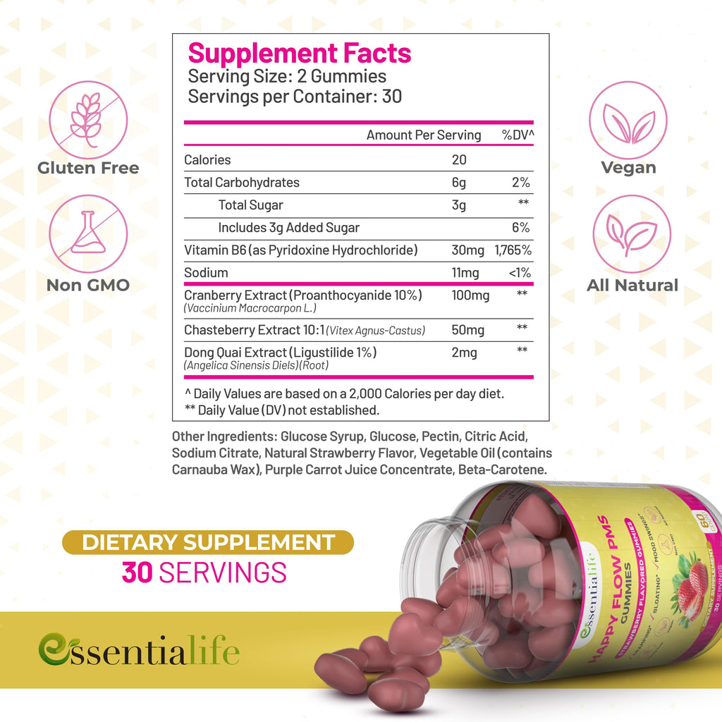 PMS Gummies - Happy Flow PMS Support Supplement for Women - Strawberry PMS Relief Supplement with Vitamin B6 for Hormone Balance, Period Support, Cramps, Hormonal Acne & Bloating Relief (60 Count) Essentialife Au supplements
