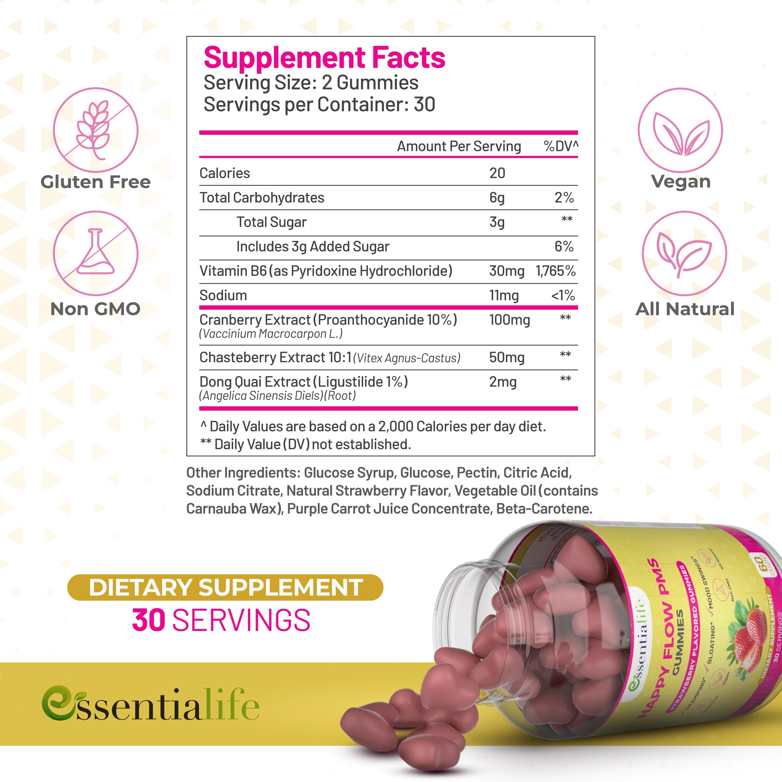 PMS Gummies - Happy Flow PMS Support Supplement for Women - Strawberry PMS Relief Supplement with Vitamin B6 for Hormone Balance, Period Support, Cramps, Hormonal Acne & Bloating Relief (60 Count) Essentialife Au supplements
