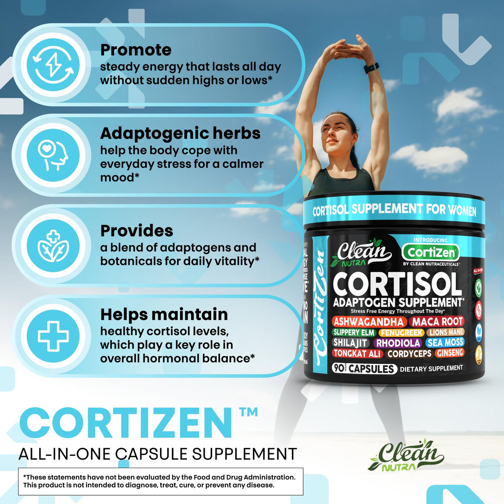 Clean Nutra Cortisol Supplements For Women | Maca Root Ashwagandha Cortisol Detox Manager Reducer + Slippery Elm Fenugreek Lions Mane Shilajit Rhodiola Sea Moss Tongkat Ali Cordyceps Ginseng Beet Root Clean Nutraceuticals Au supplements