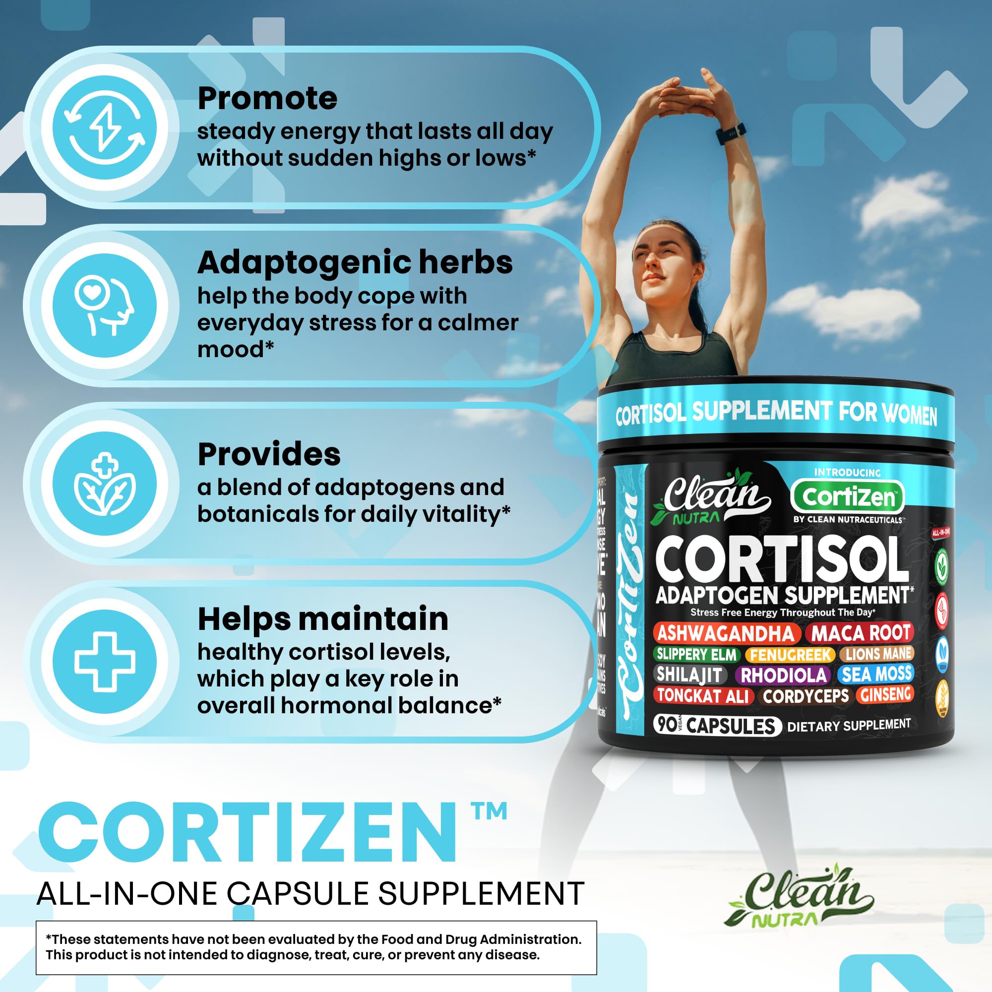 Clean Nutra Cortisol Supplements For Women | Maca Root Ashwagandha Cortisol Detox Manager Reducer + Slippery Elm Fenugreek Lions Mane Shilajit Rhodiola Sea Moss Tongkat Ali Cordyceps Ginseng Beet Root Clean Nutraceuticals Au supplements