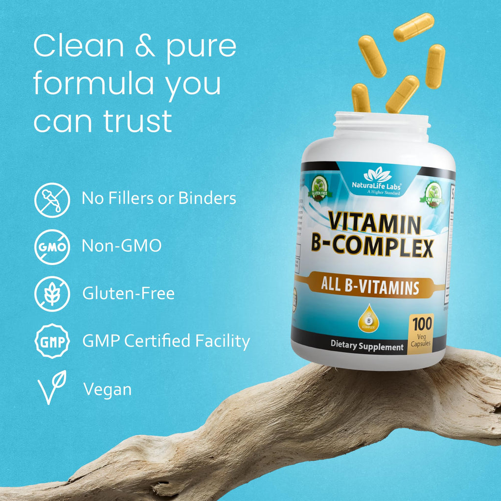 NaturaLife Labs Vitamin B Complex – All B Vitamins Including Active B2, B6, B9 & B12 (Methylcobalamin), Plus B1, B3, B5, B7 & Vitamin C – 100 Capsules
