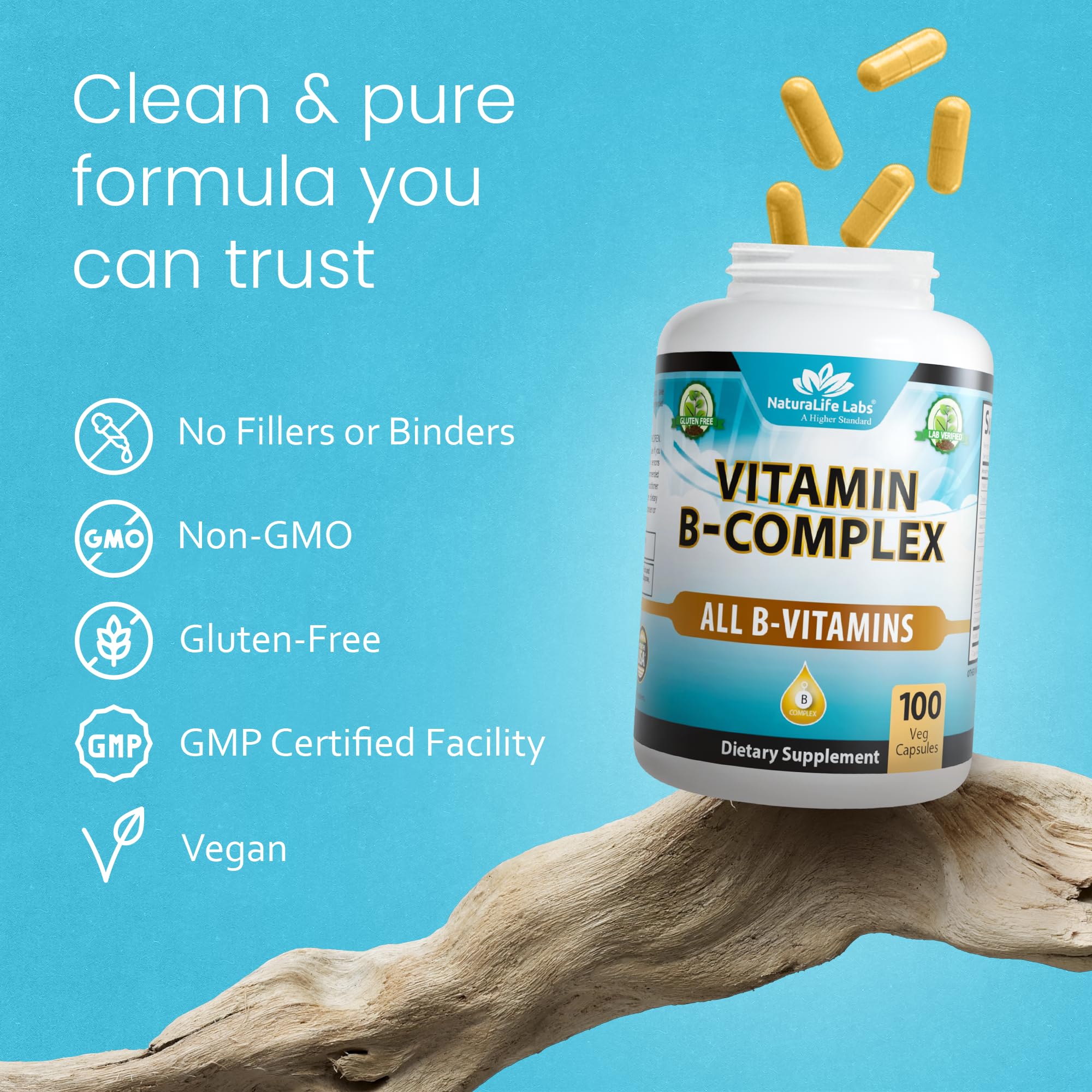 NaturaLife Labs Vitamin B Complex – All B Vitamins Including Active B2, B6, B9 & B12 (Methylcobalamin), Plus B1, B3, B5, B7 & Vitamin C – 100 Capsules
