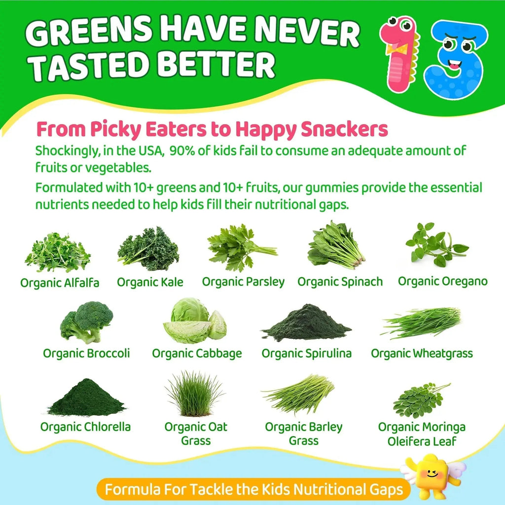 Kids Super Greens Gummies, w/Multivitamins, Spirulina, Chlorella, Spinach, Broccoli, Calcium, Omega-3 (DHA/EPA) EnvyCure Au supplements