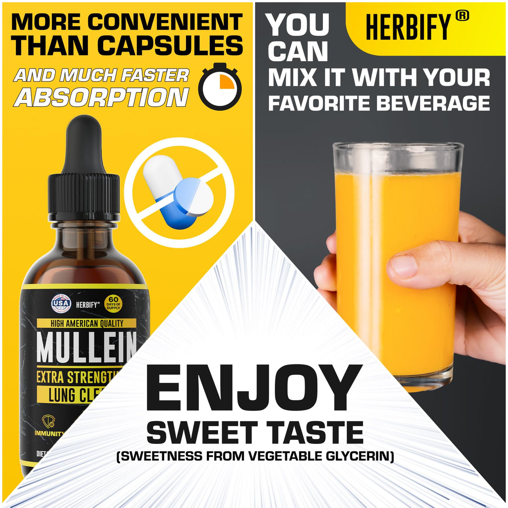 HERBIFY Mullein Drops - Lung Cleanse - Leaf Extract - Powerful Mullein for Immune Support,Detox & Respiratory Support - Made in USA