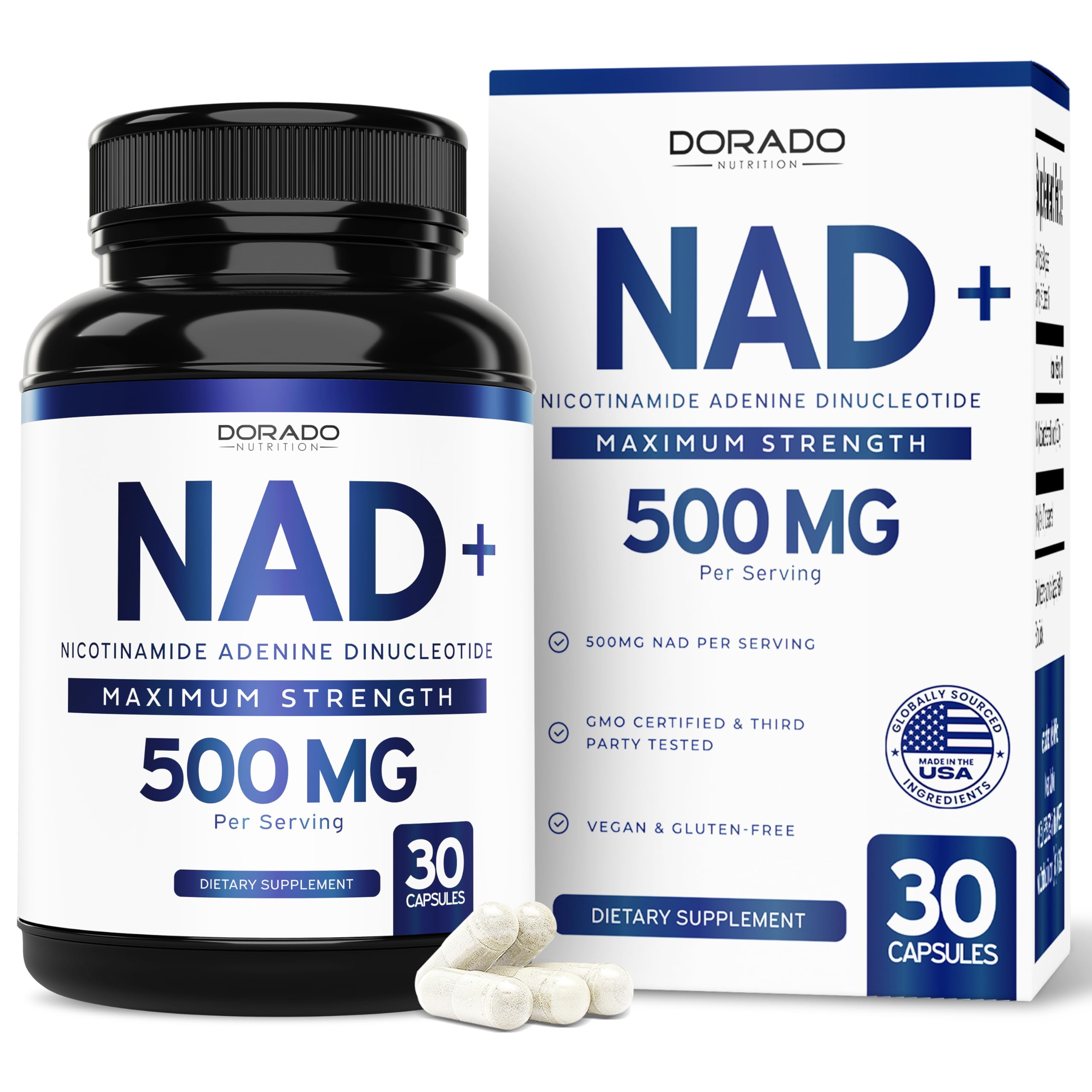 NAD Supplement (500mg of 95% Pure NAD+ Per Serving) NMN Supplement, NAD Nicotinamide Riboside Support (Third Party Tested, Vegan Safe, Non-GMO, No Fillers, & Made in the USA - 30 Vegan Capsules) DORADO NUTRITION Au supplements