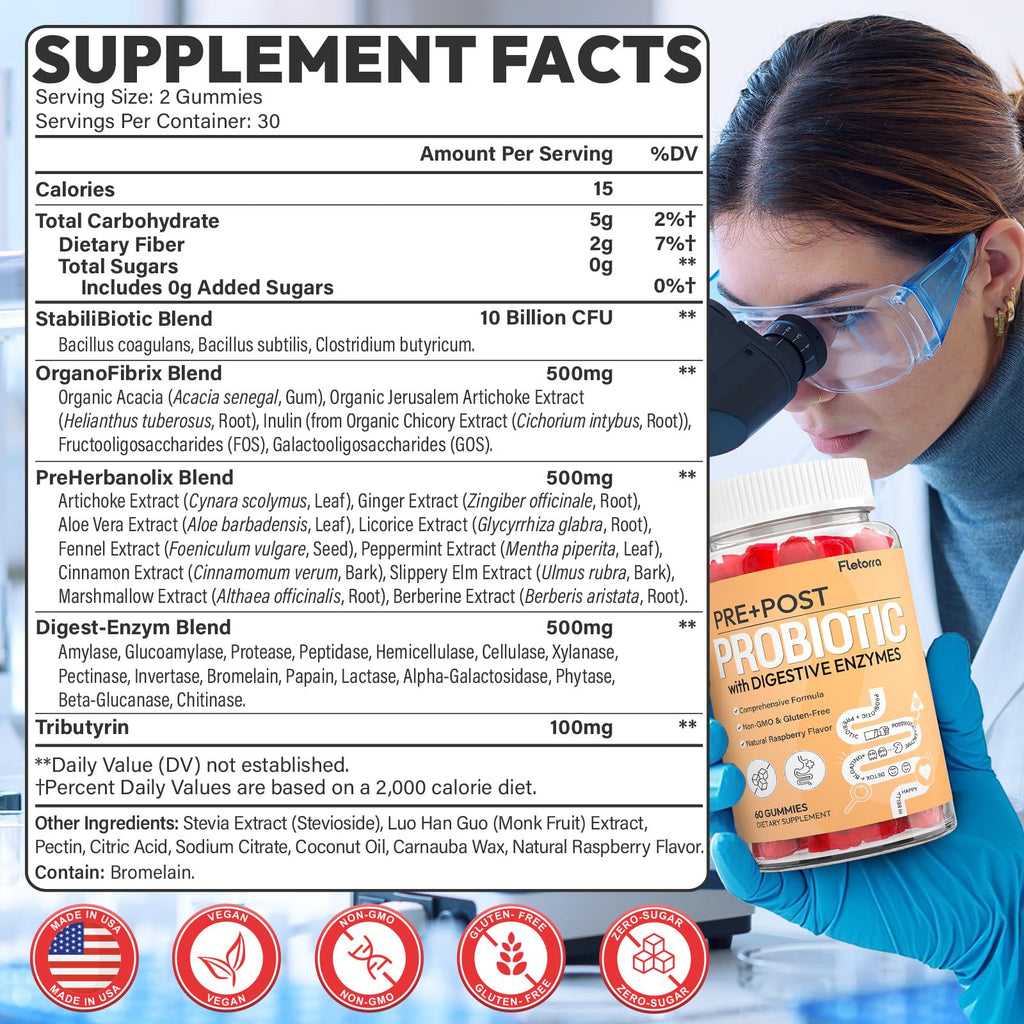 Probiotics for Women and Men, with 15 Prebiotics, 16 Digestive Enzymes & Postbiotics - Probiotics for Digestive Health & Bloating, Probiotic Gummies for Gut Health & Immunity, Sugar-Free, 60 Gummies Fletorra Au supplements