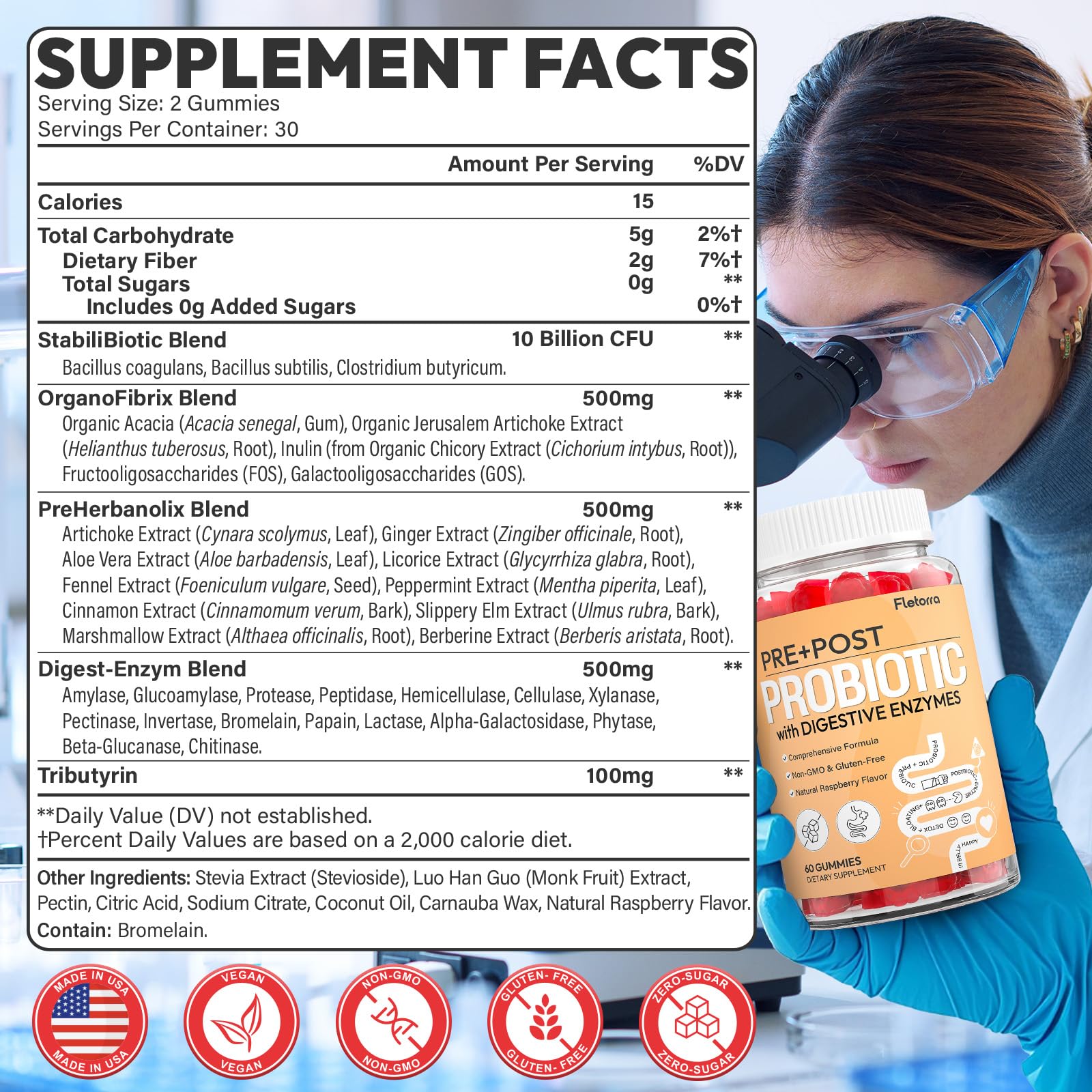Probiotics for Women and Men, with 15 Prebiotics, 16 Digestive Enzymes & Postbiotics - Probiotics for Digestive Health & Bloating, Probiotic Gummies for Gut Health & Immunity, Sugar-Free, 60 Gummies Fletorra Au supplements