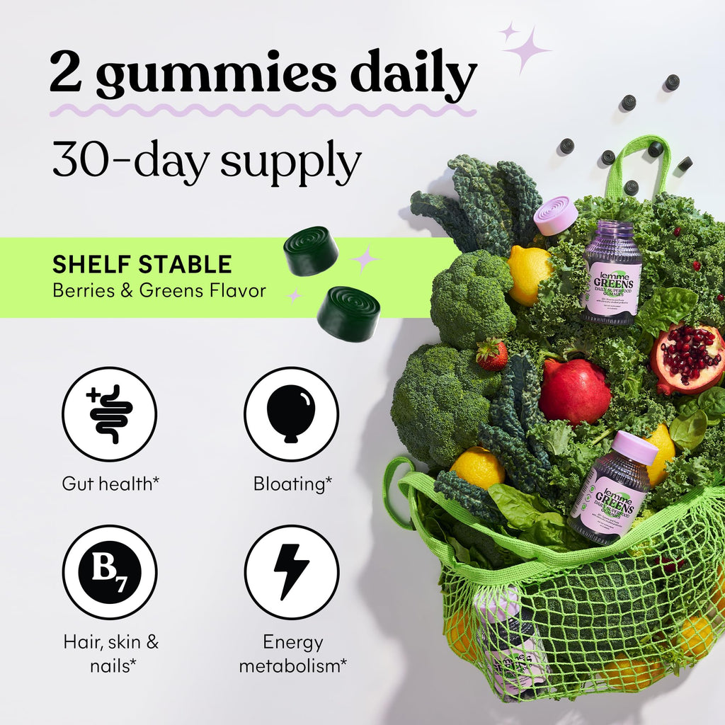 Lemme Greens Superfood Gummies w/Multi - Support Gut Health & Reduce Bloating, 20+ Organic Greens and Superfruits, Clinically Studied Probiotics, D3, B12 - Berries & Greens Flavored (60 Count) Lemme Au supplements