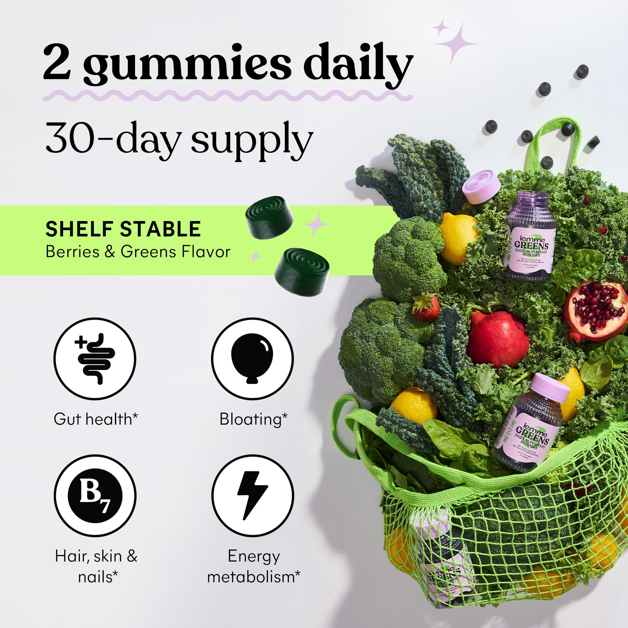 Lemme Greens Superfood Gummies w/Multi - Support Gut Health & Reduce Bloating, 20+ Organic Greens and Superfruits, Clinically Studied Probiotics, D3, B12 - Berries & Greens Flavored (60 Count) Lemme Au supplements