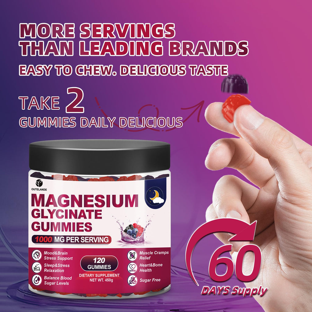 120 CT Magnesium Glycinate Gummies 1000 mg for Women and Men, Magnesium Malate & Taurate Supplements for Sleep, Body Support and Relaxation, Sugar Free