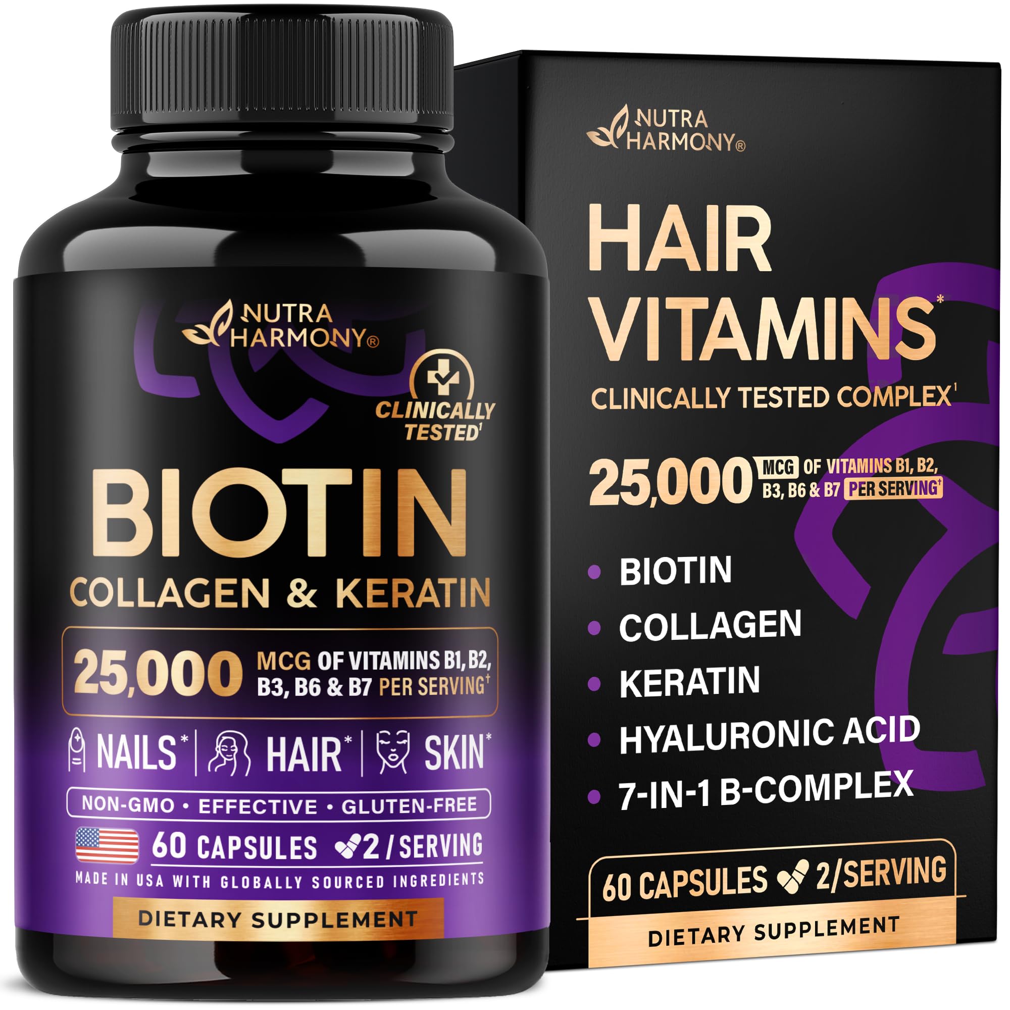 NUTRAHARMONY Biotin | Collagen | Hyaluronic Acid | Keratin - Support Normal Hair Growth Cycle - Skin & Nails - 25000mcg Vitamins B1, B2, B3, B6 & B7