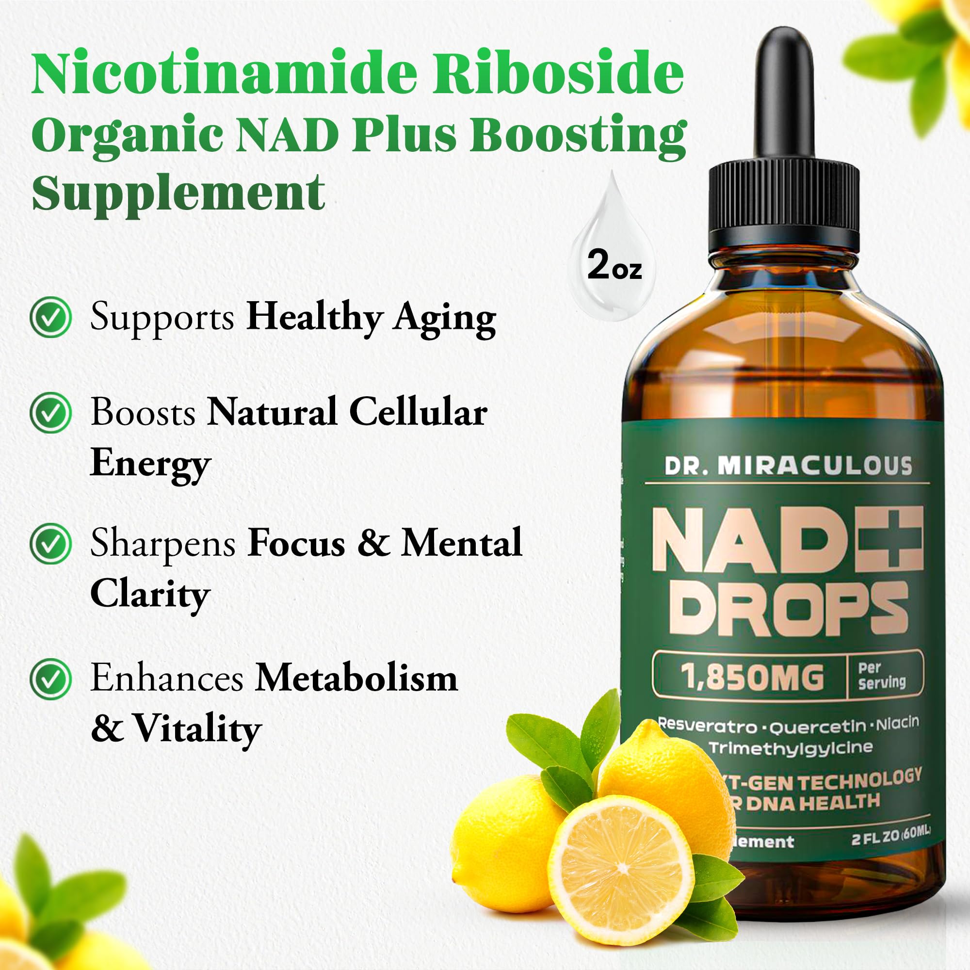 Dr. Miraculous Pure NAD+ Supplements 1850mg Liquid Drops for Women & Man | Nicotinamide Riboside Organic NAD Plus Boosting Supplement - Natural Lemon Flavor Dr. Miraculous Au supplements