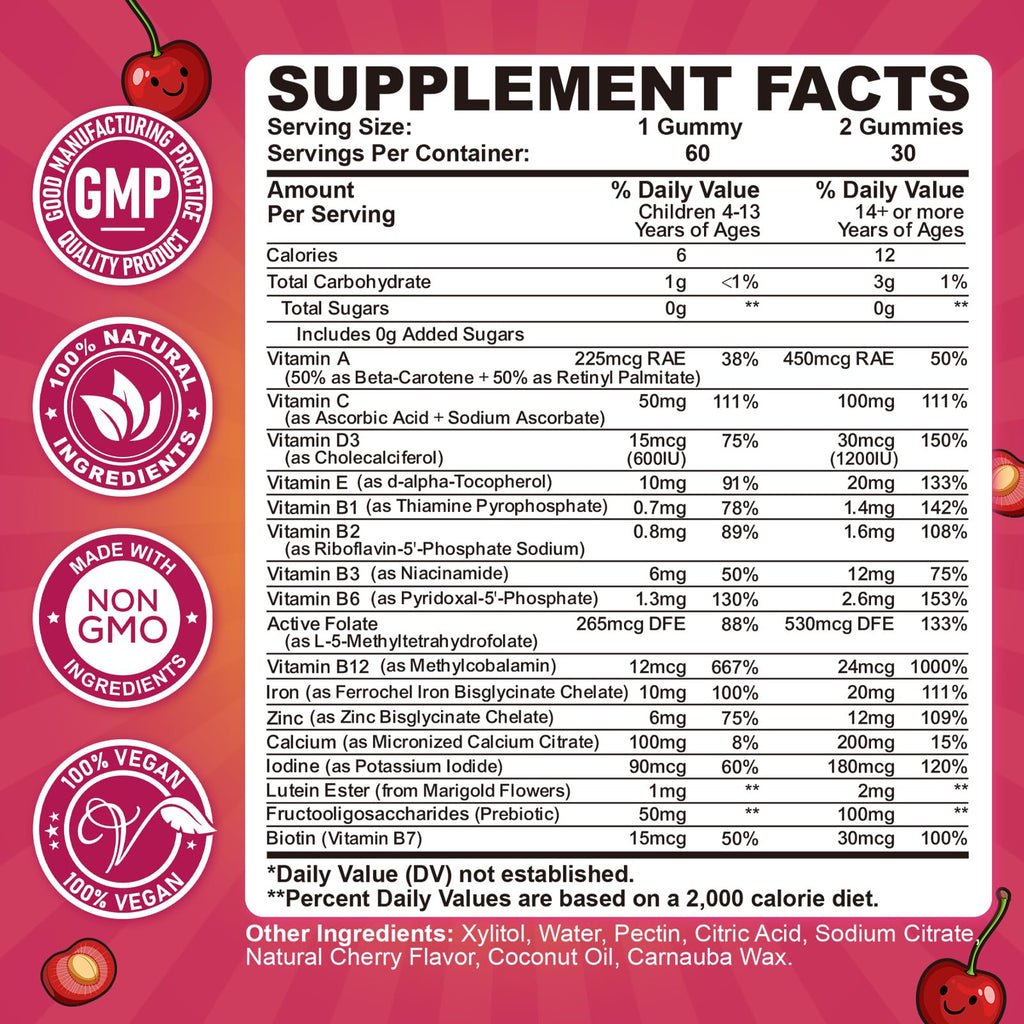 Iron Gummies for Kids & Teens, Kids Multivitamin with Iron Supplement, Calcium, Folate, Zinc, Prebiotic - for Blood Builder & Energy Support, Iron Deficiency - Vegan & Non-GMO - 60 Count Cherry CFILIHTC Au supplements