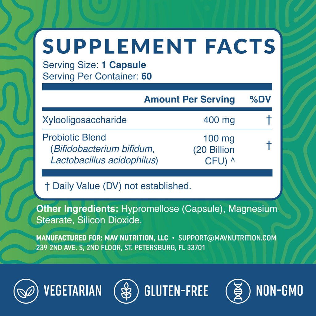 Prebiotics and Probiotics for Women & Men | Pre and Probiotics for Gut Health & Bloating Relief | Synbiotic with 20 Billion CFU Lactobacillus & Bifidobacterium | Shelf-Stable | Vegetarian | 60 Ct. MAV NUTRITION Au supplements