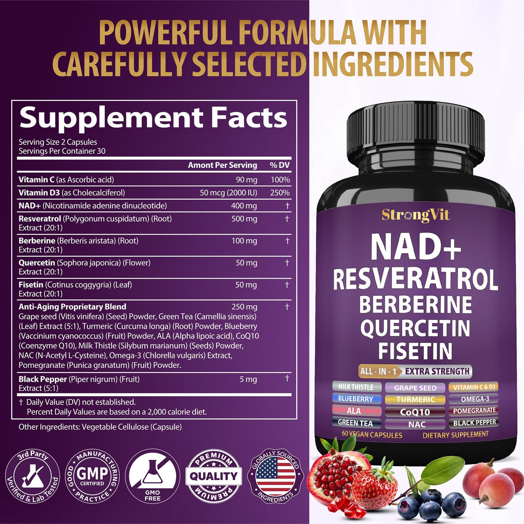 NAD Resveratrol Supplement with Berberine, Quercetin, CoQ10. Anti-Aging Formula for Women & Men. Liposomal NAD Plus, NAD+ Booster, Pure Organic Vitamin, USA StrongVit Au supplements