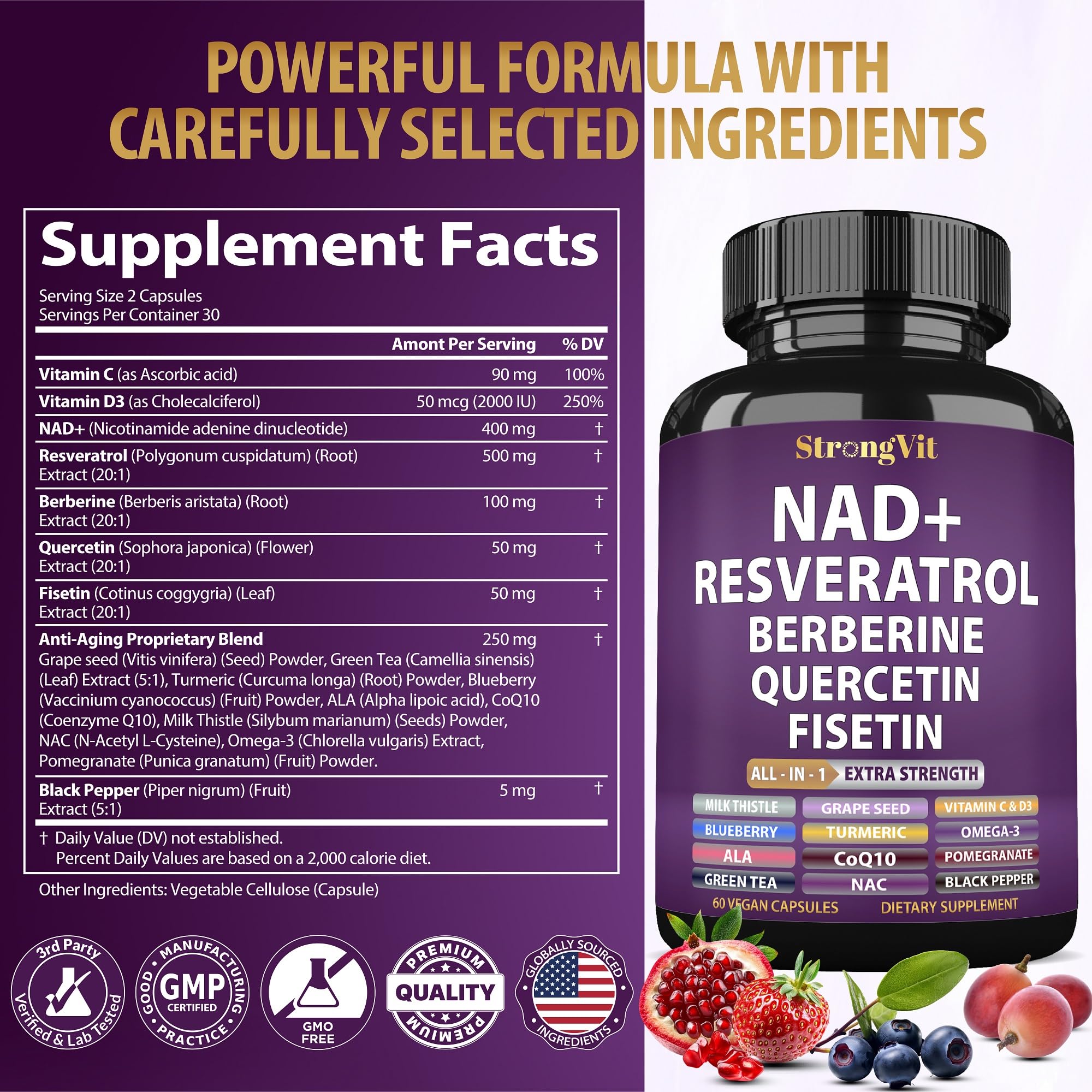 NAD Resveratrol Supplement with Berberine, Quercetin, CoQ10. Anti-Aging Formula for Women & Men. Liposomal NAD Plus, NAD+ Booster, Pure Organic Vitamin, USA StrongVit Au supplements
