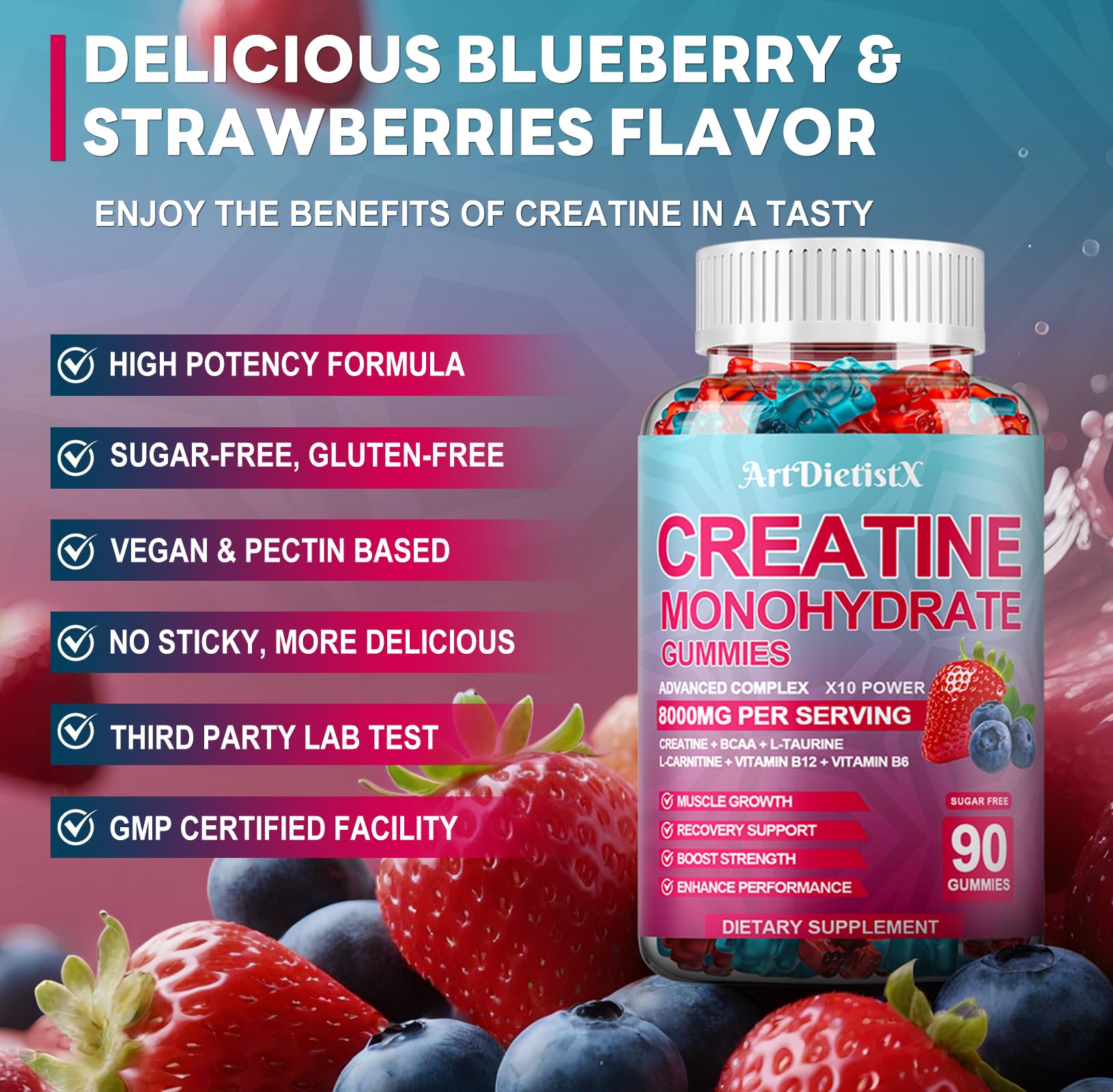 Creatine Monohydrate 8000mg Gummies with BCAA, L-Carnitine, Taurine & Vitamin B12 - Pre Workout Supplement for Muscle Growth, Strength & Energy, Multi-Flavor Chewable Gummies,