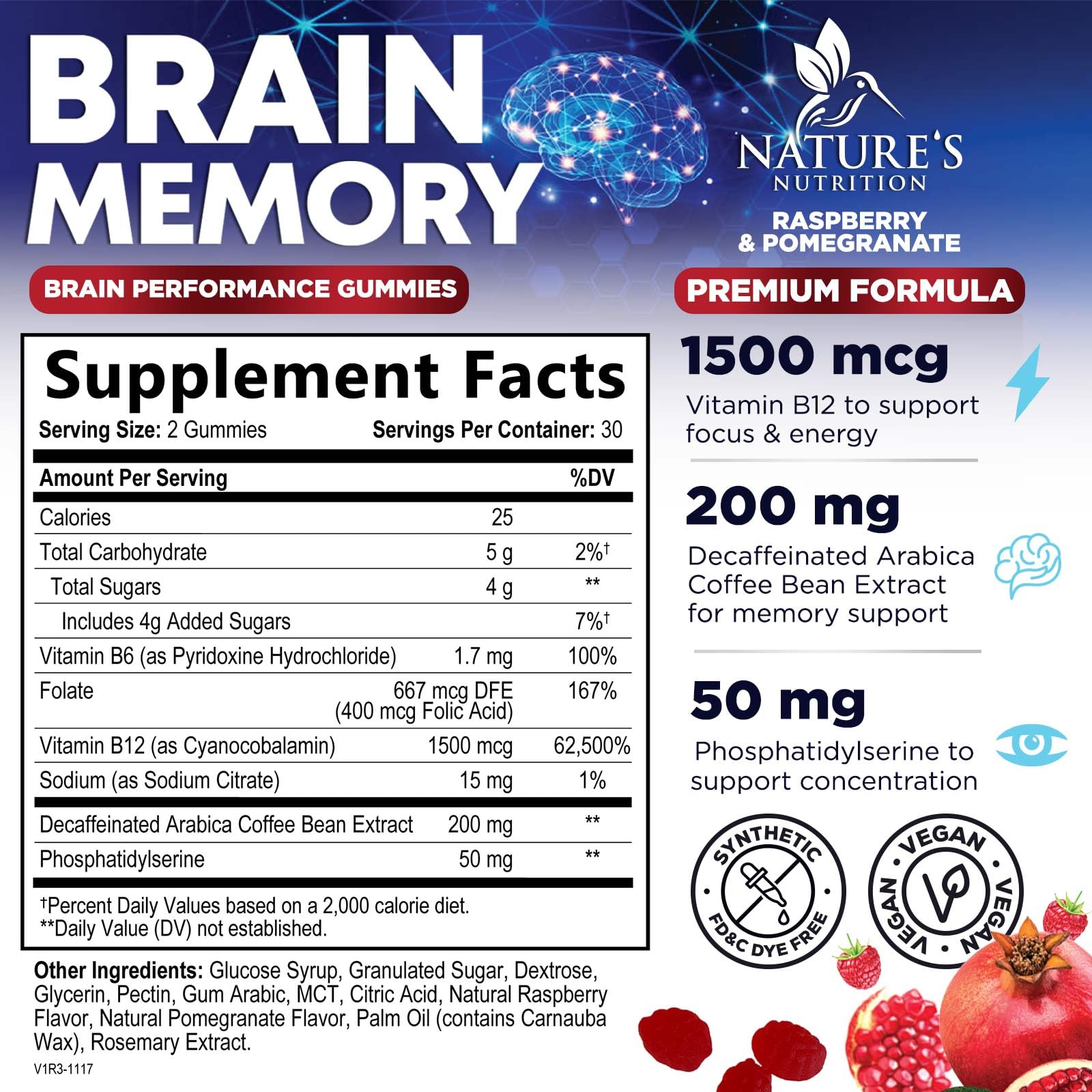 Brain Supplements for Memory & Focus Gummies - Brain Health Clarity with B6 B12 & Phosphatidylserine - Natural Nootropics Cognitive Concentration & Alertness Support Vitamins - 60 Vegan Gummies Nature's Nutrition Au supplements