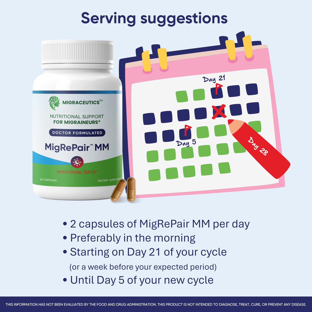 MigRePair MM Bottle of 60 - Doctor Formulated Natural Herbal Migraine Supplement for Women, Menstrual Migraine Relief, Hormonal Migraine Support with Feverfew, White Willow Bark Pine Bark & Grape Seed Migraceutics Au supplements