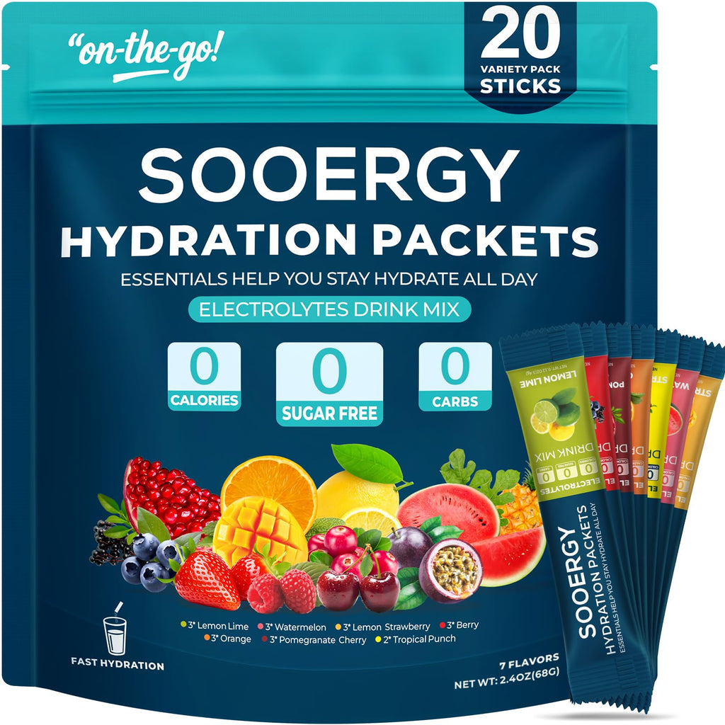 Sooergy Electrolytes Powder Packets Sugar Free Hydration Packets, 7 Flavors Liquid Daily IV Electrolyte Drink Mixes for Rehydration
