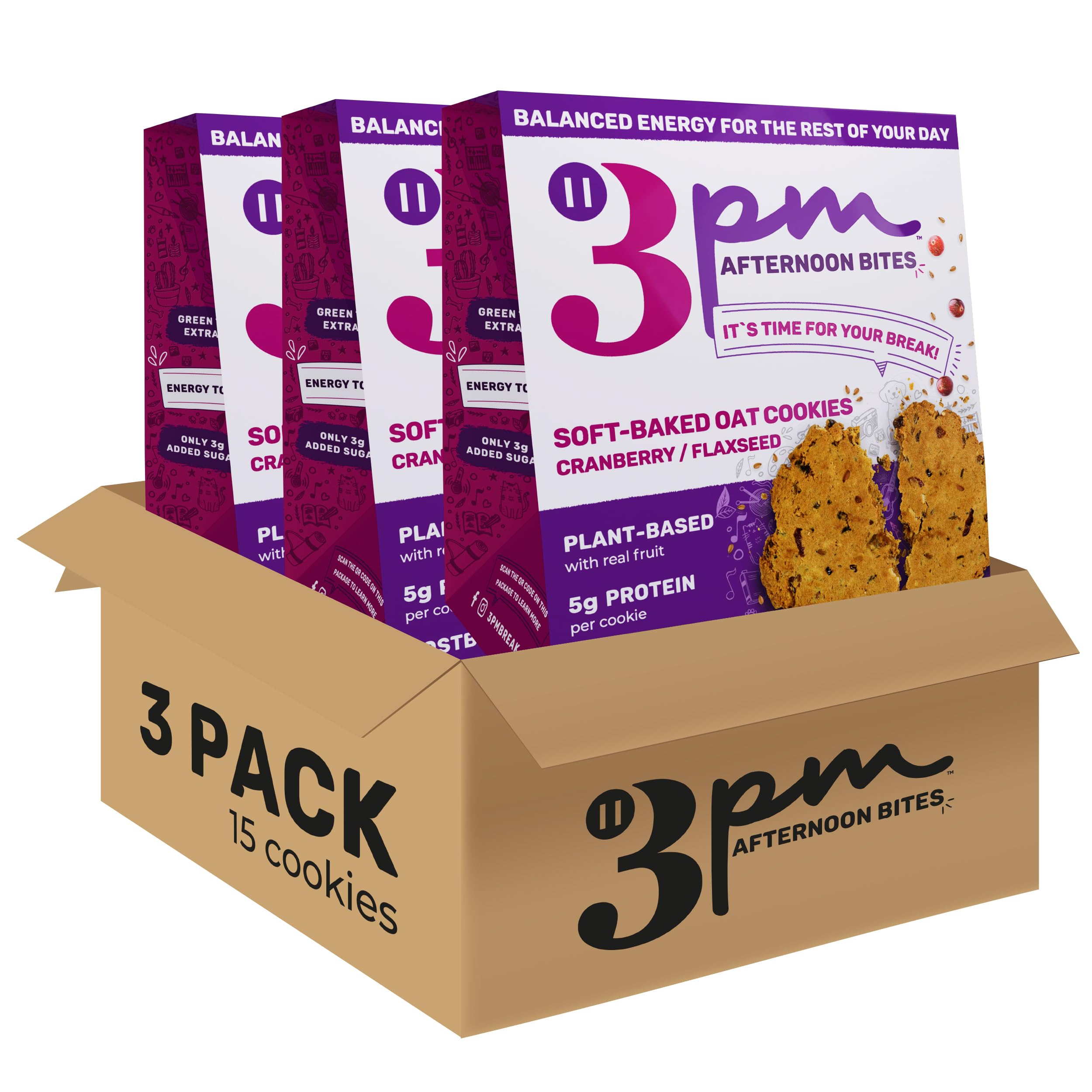 3PM Afternoon Bites Cranberry Flaxseed Cookies with Postbiotics, 5g of Protein, 15 Cookies 3PM AFTERNOON BITES Au supplements