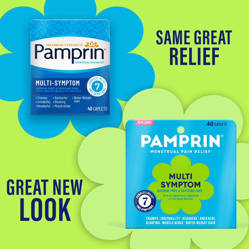 Pamprin Multi-Symptom Formula, with Acetaminophen, Menstrual Period Symptoms Relief including Cramps, Pain, Bloating, and Irritability 40 Caplets Pamprin Au supplements