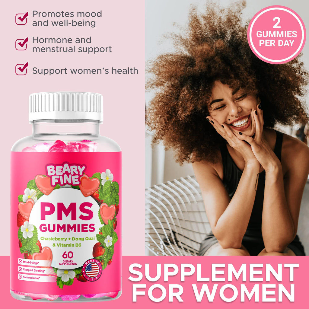 Beary Fine PMS Gummies - PMS Vitamins for Women & Teens - PMS Period Relief - Cramping, Bloating, Mood Swings - Made in The USA (Strawberry, 60 Count) Beary Fine Au supplements