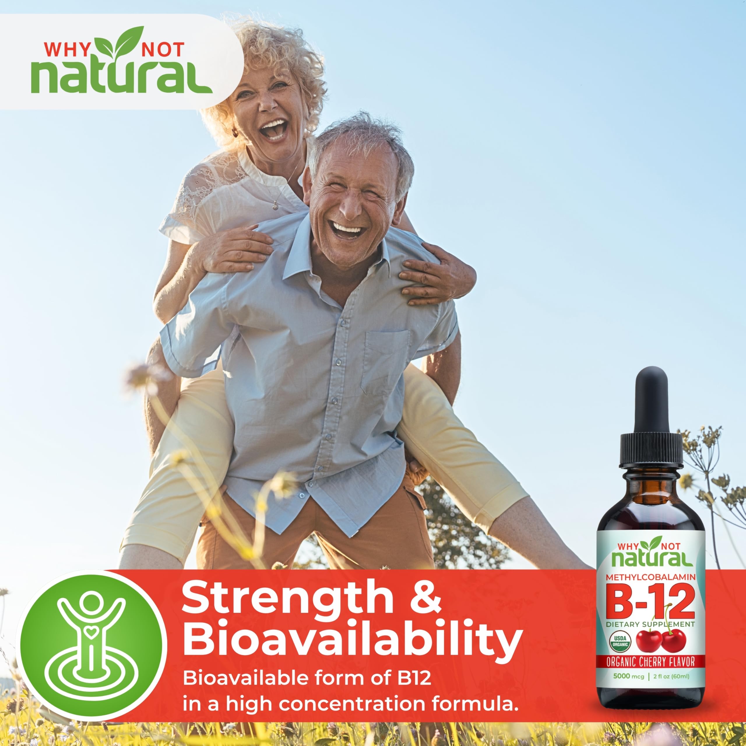 Why Not Natural Organic Vitamin B12 Liquid - Sublingual Extra Strength 60 x 5000 mcg Methylcobalamin Drops, Vegan,