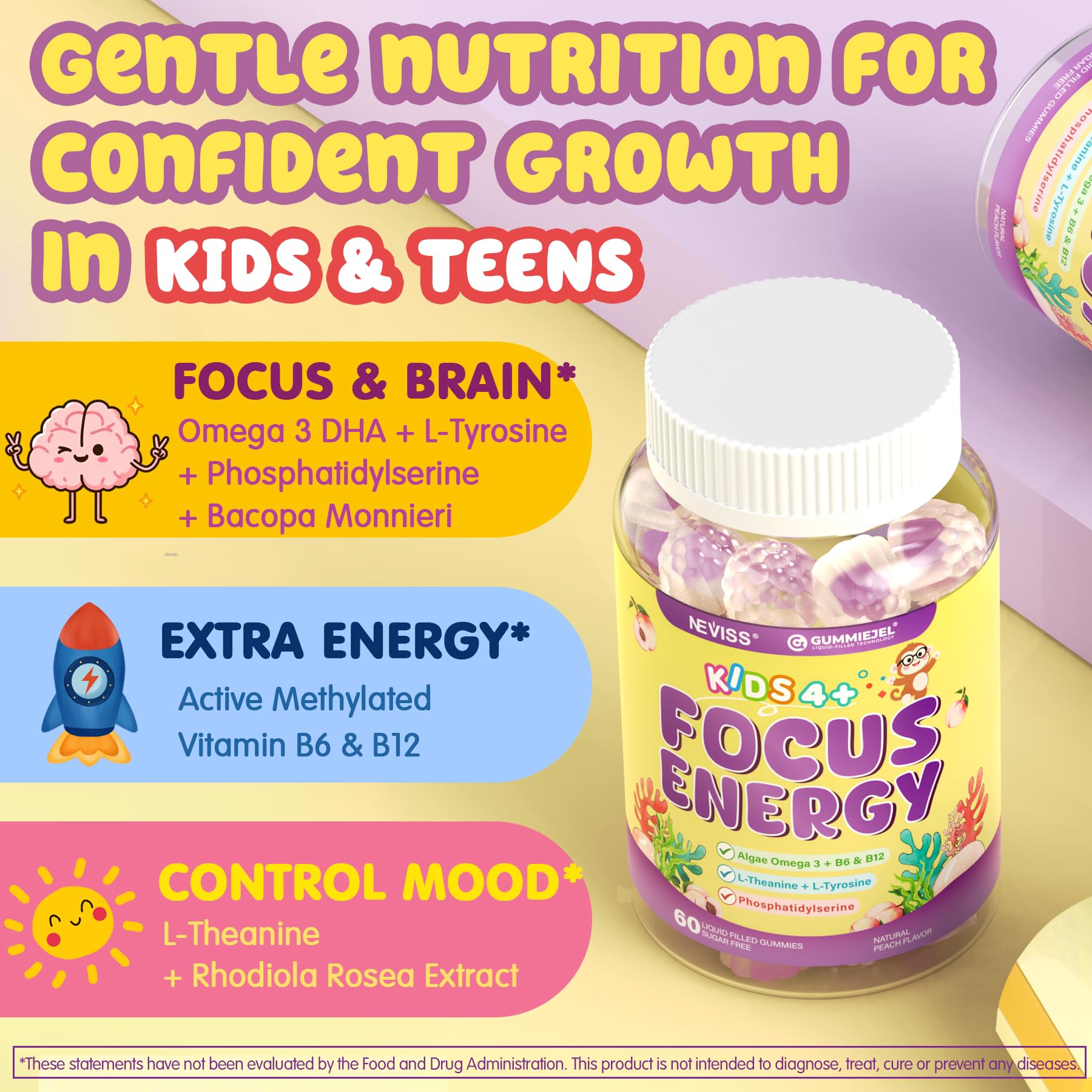 Kids Focus Gummies - Brain Supplements with Vegan Omega 3 DHA, Phosphatidylserine, L-Theanine, L-Tyrosine, Methylated B6 & B12 for Kids & Teen Support Attention, Memory, Nootropic, Sugar Free 60cts NEVISS Au supplements