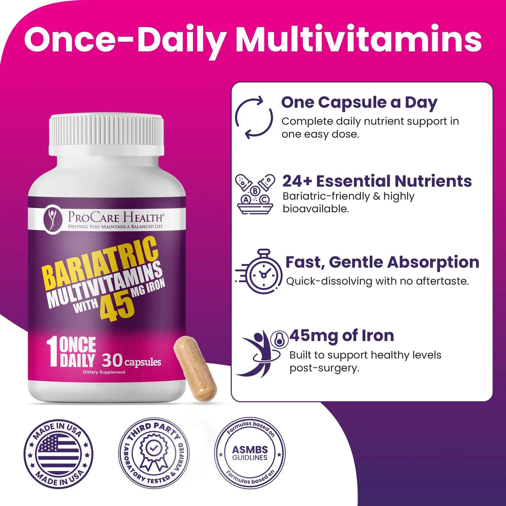 ProCare Health Bariatric Multivitamin with 45mg Iron (30 Easy to Swallow Capsules) - Once Daily Post-Op Support for Gastric Bypass ProCare Health Au supplements