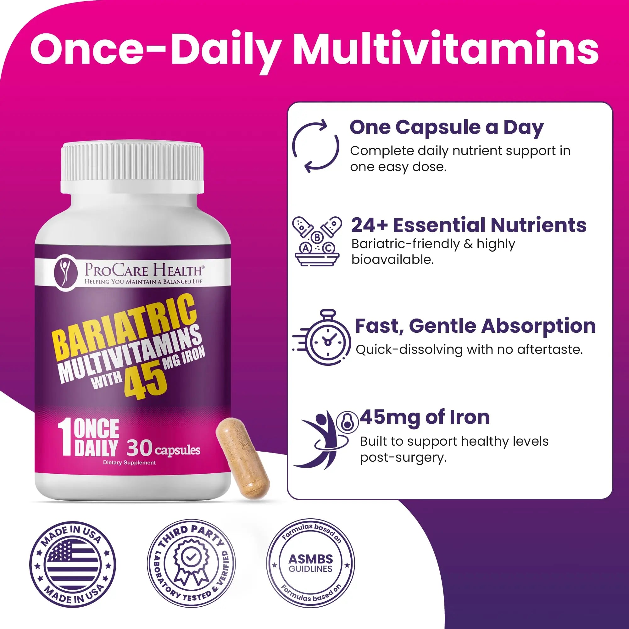 ProCare Health Bariatric Multivitamin with 45mg Iron (30 Easy to Swallow Capsules) - Once Daily Post-Op Support for Gastric Bypass ProCare Health Au supplements