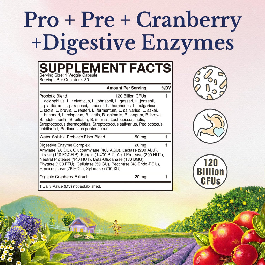 Vitalitown Probiotics for Women 120 Billion CFUs, 30 Strains, with Prebiotics & Digestive Enzymes & Cranberry, Gut & Vaginal Health, Vegan 30