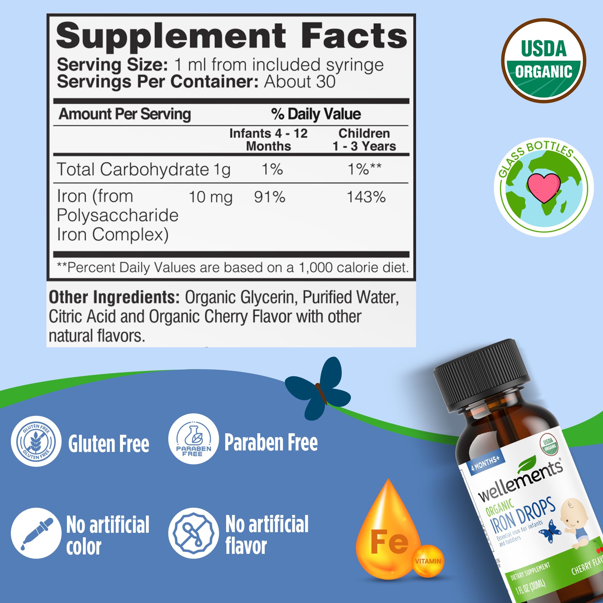 Wellements Organic Iron Drops for Newborn+ Babies (1 Fl Oz) - Cherry Flavor Liquid Iron Supplement for Infants - Toddler Iron Supplement for Kids (4months+ to 3 Years)