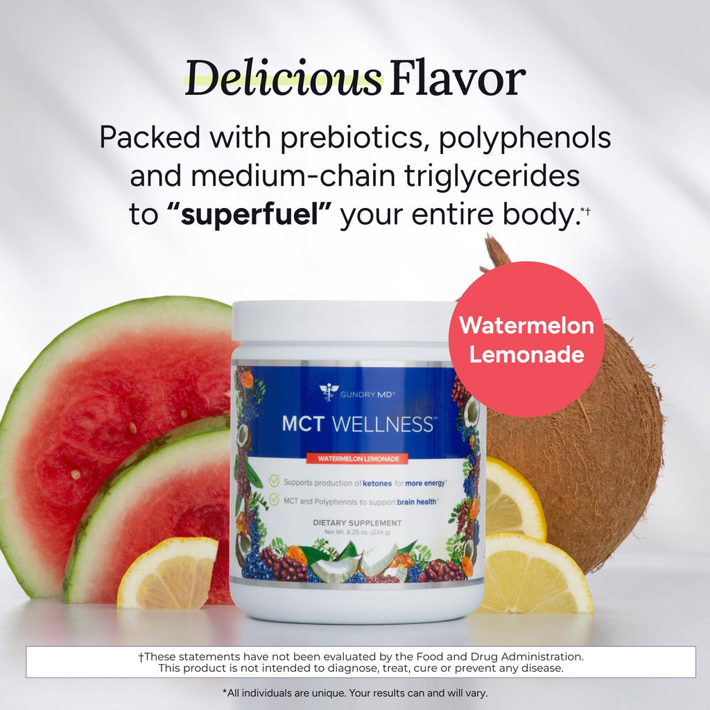 Gundry MD MCT Wellness Powder to Support Energy, Ketone Production and Brain Health, Keto Friendly, Sugar Free (30 Day Supply, Watermelon Lemonade)