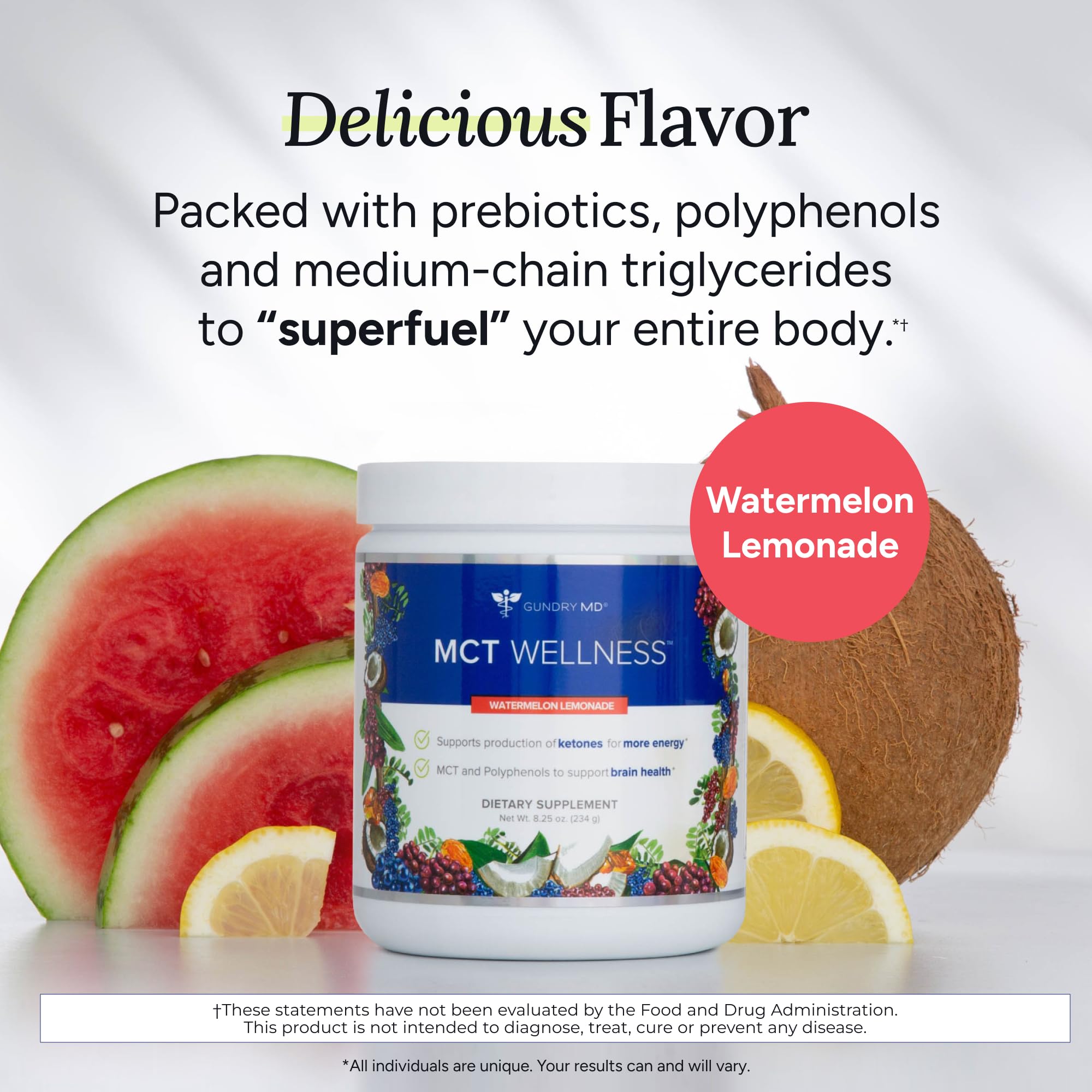 Gundry MD MCT Wellness Powder to Support Energy, Ketone Production and Brain Health, Keto Friendly, Sugar Free (30 Day Supply, Watermelon Lemonade)