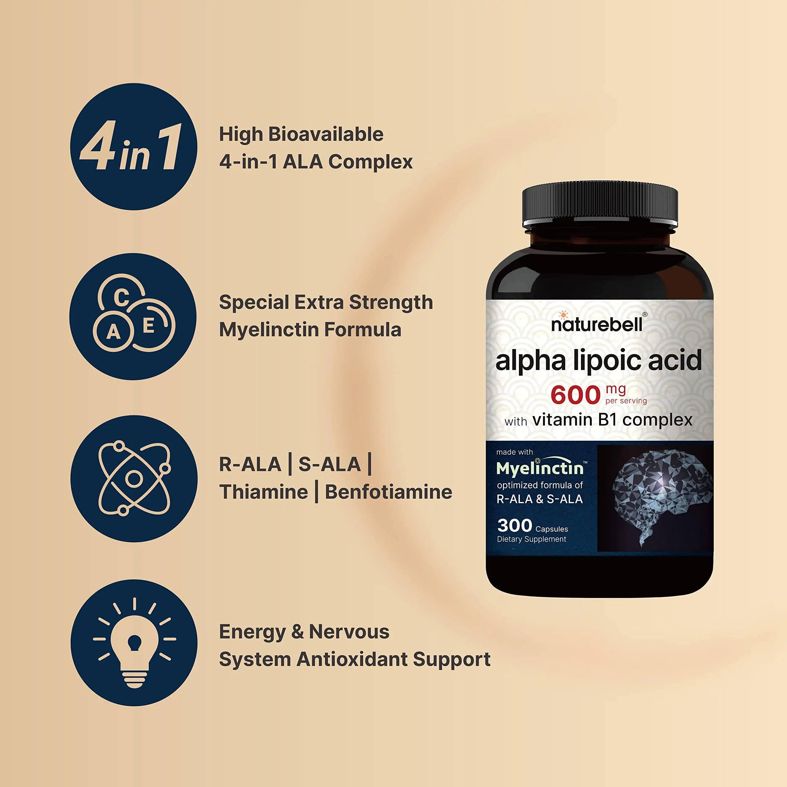 NatureBell Alpha Lipoic Acid 600mg Per Serving | 300 Capsules - with Vitamin B1 NatureBell Au supplements