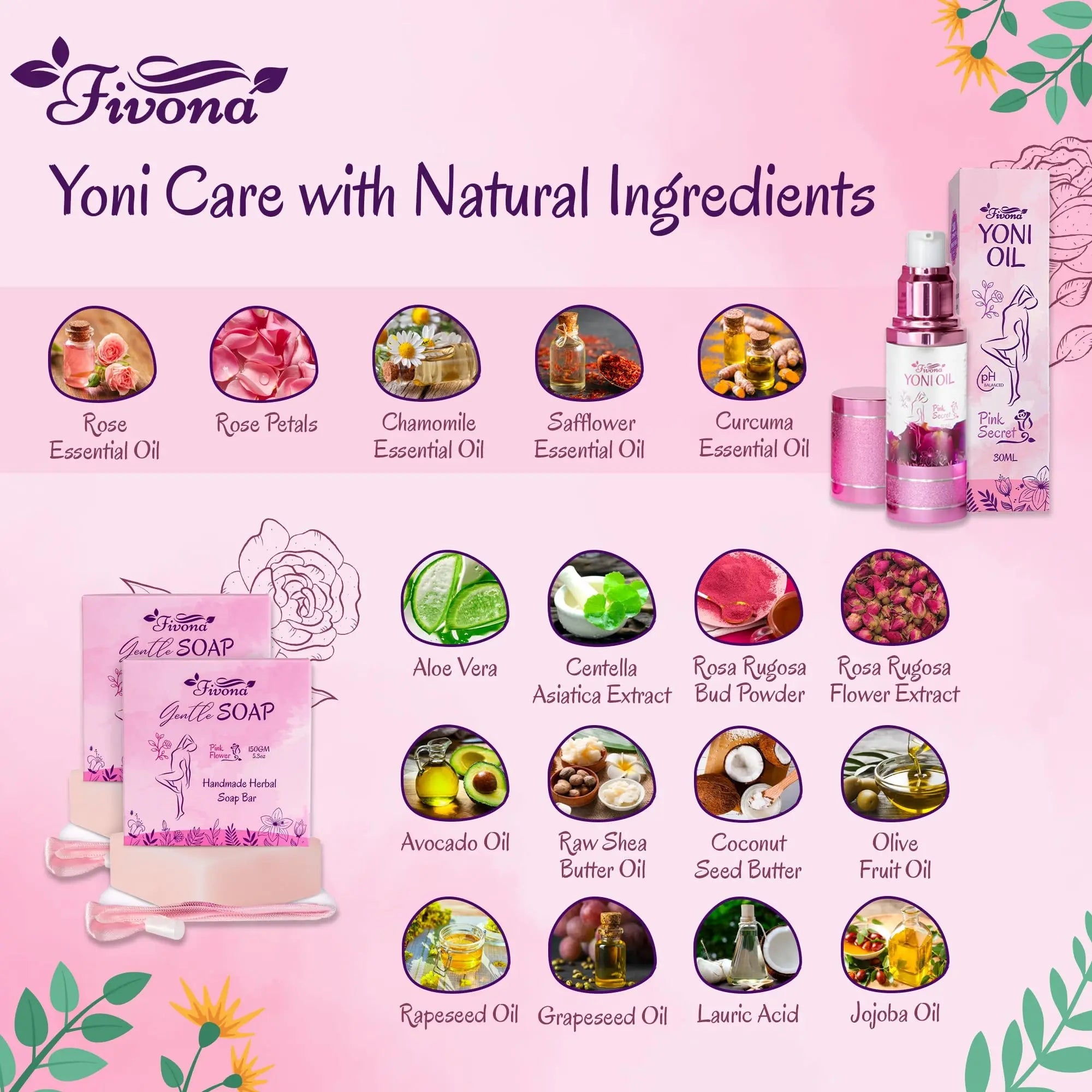 FIVONA 3 in 1 Set of Yoni Oil with 2 Yoni Soap Bars - Feminine pH Balanced Natural Vaginal Oil 30 ml FIVONA Au supplements